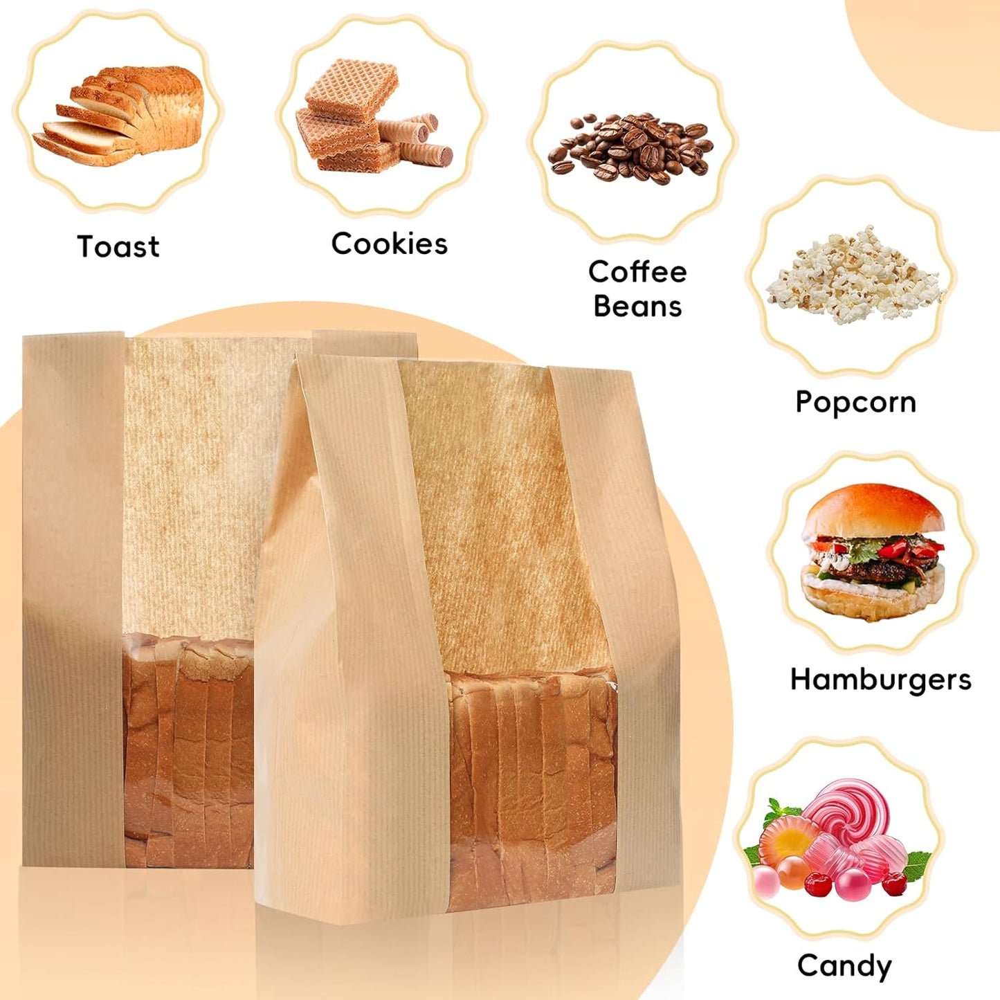 Funcoo 25 Pcs Paper Bread Bag for Home Bread Sourdough Bread Bakery Storage Bags with Window，Large Bakery Bread Loaf Bags for Baked Goods Packaging, Label Seal sticker included