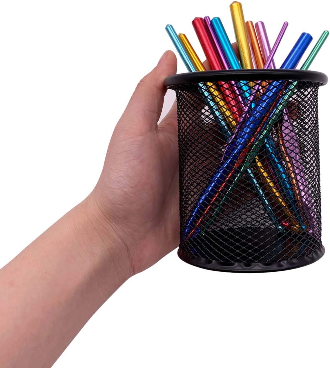 Black Pen Holder Cup for Desk, Black Wire Mesh Pencil Cup Holder for Desk Office Pen Organizer