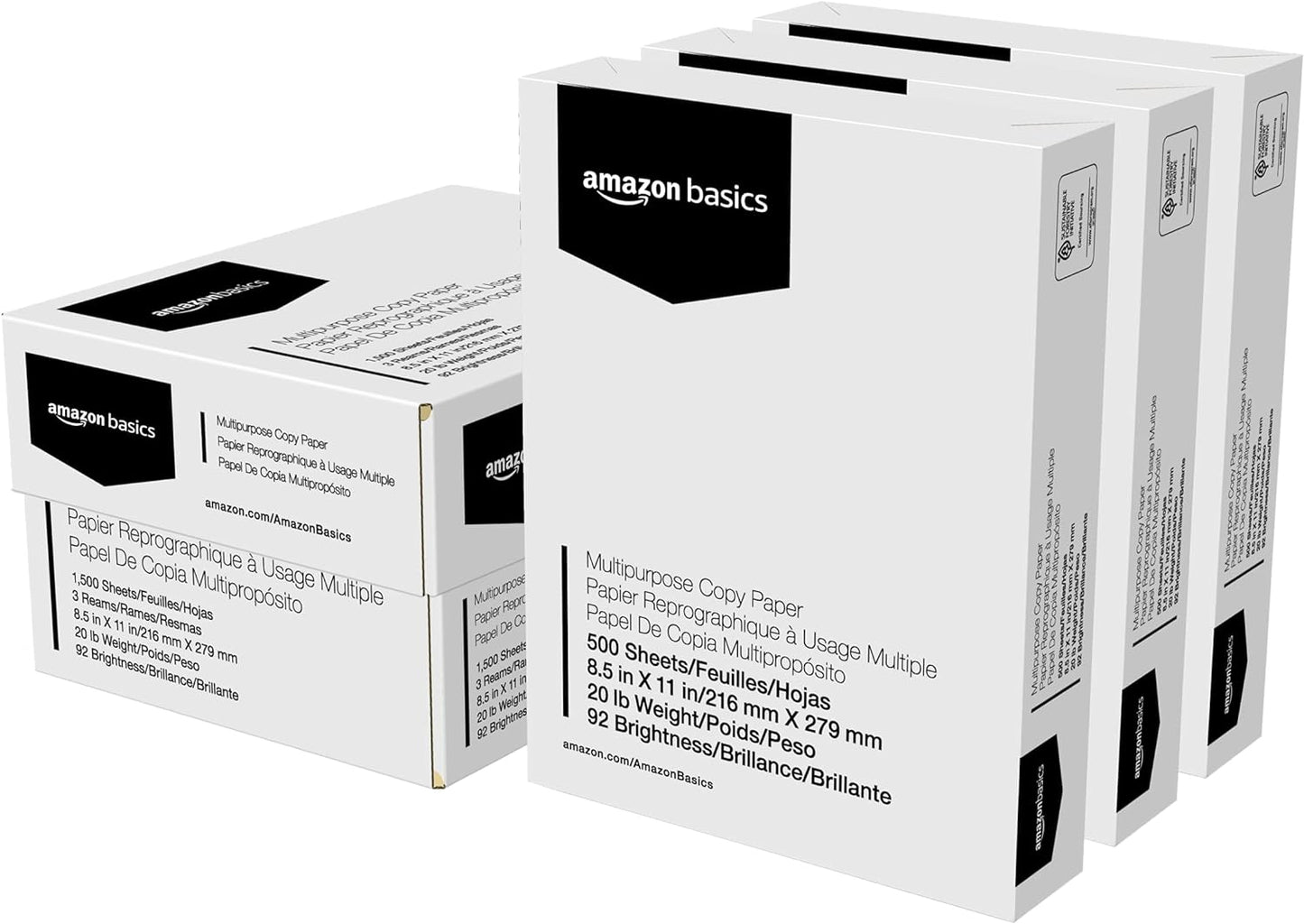 Amazon Basics Multipurpose Copy Printer Paper, 8.5" x 11", 20 lb, 3 Reams, 1500 Sheets, 92 Bright, White