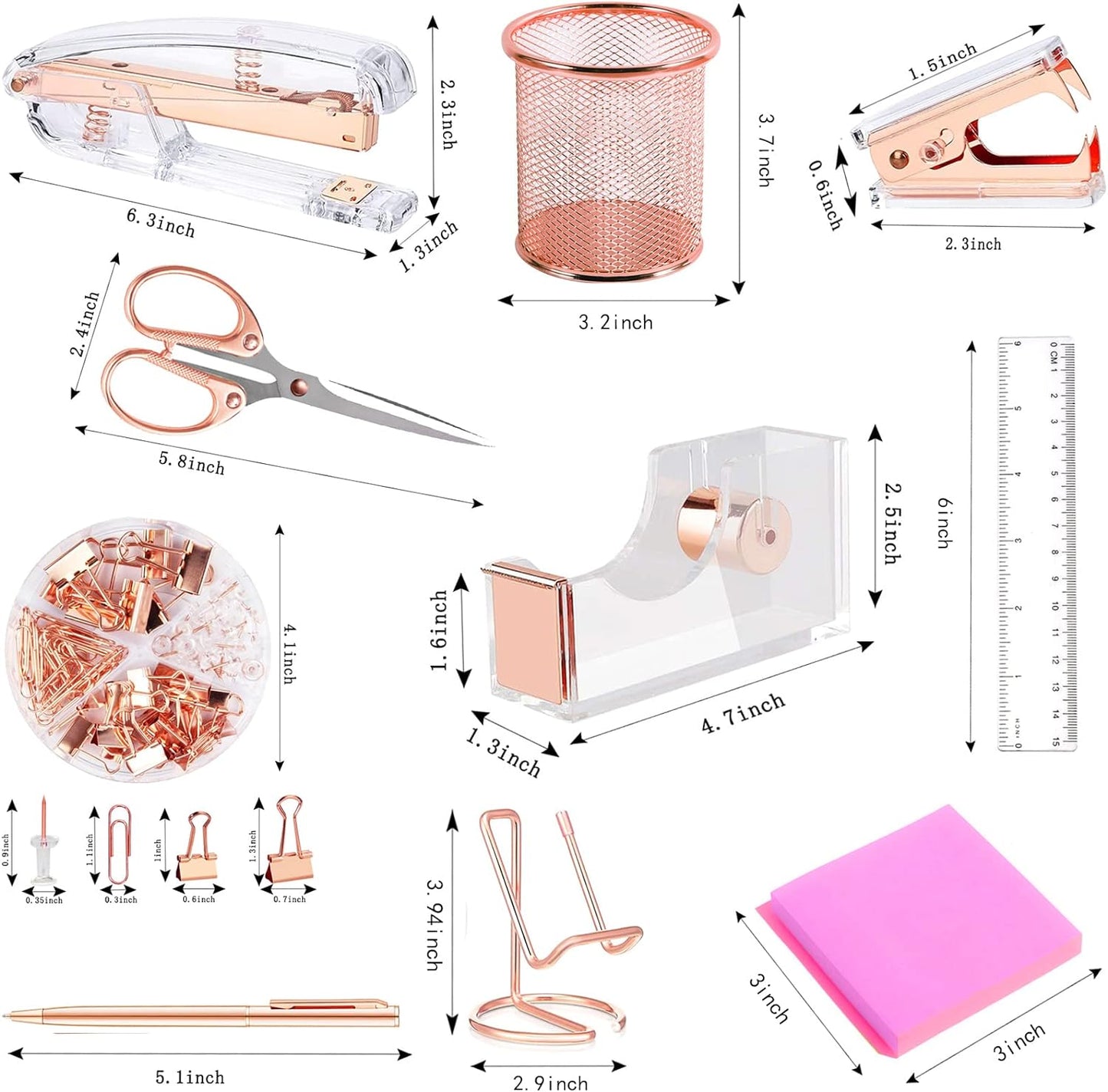 Rose Gold Desk Accessories, Acrylic Stapler, Staple Remover, Tape Holder, Pen Holder, Ballpoint Pen, Scissor, Binder Clips, Staples, Phone Holder, Ruler, Transparent Glue and Sticky Notes