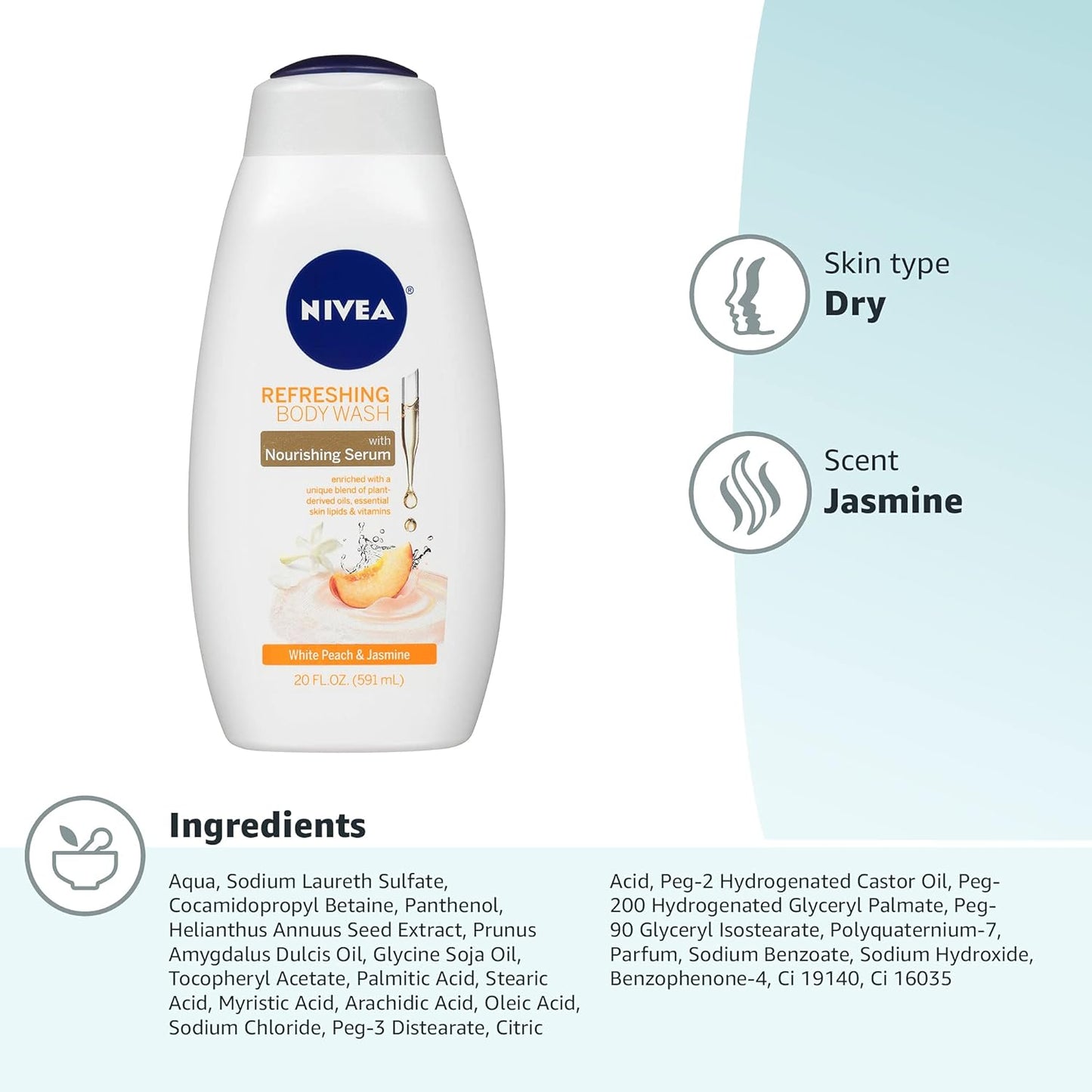 NIVEA White Peach and Jasmine Body Wash with Nourishing Serum, 20 Fl Oz