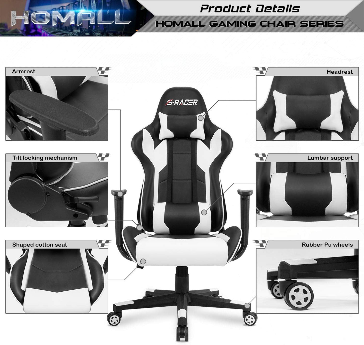 Homall Gaming Chair, Office Chair High Back Computer Chair Leather Desk Chair Racing Executive Ergonomic Adjustable Swivel Task Chair with Headrest and Lumbar Support (White)