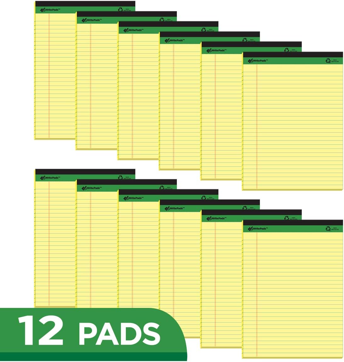 KAISA Legal Pads Writing Pads Recycled Paper, 8.5"x11.75" Wide Ruled Perforated 50 sheets Notepads 8-1/2"x 11-3/4" Writed Pad, Canary (Pack of 12pc) KSU-5668