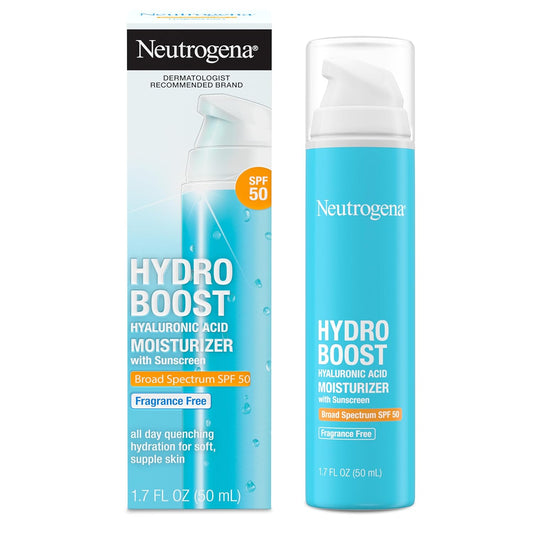 Neutrogena Hydro Boost Hyaluronic Acid Facial Moisturizer with Broad Spectrum SPF 50 Sunscreen, Daily Water Gel Face Moisturizer to Hydrate & Soothe Dry Skin, Fragrance-Free, 1.7 fl. oz