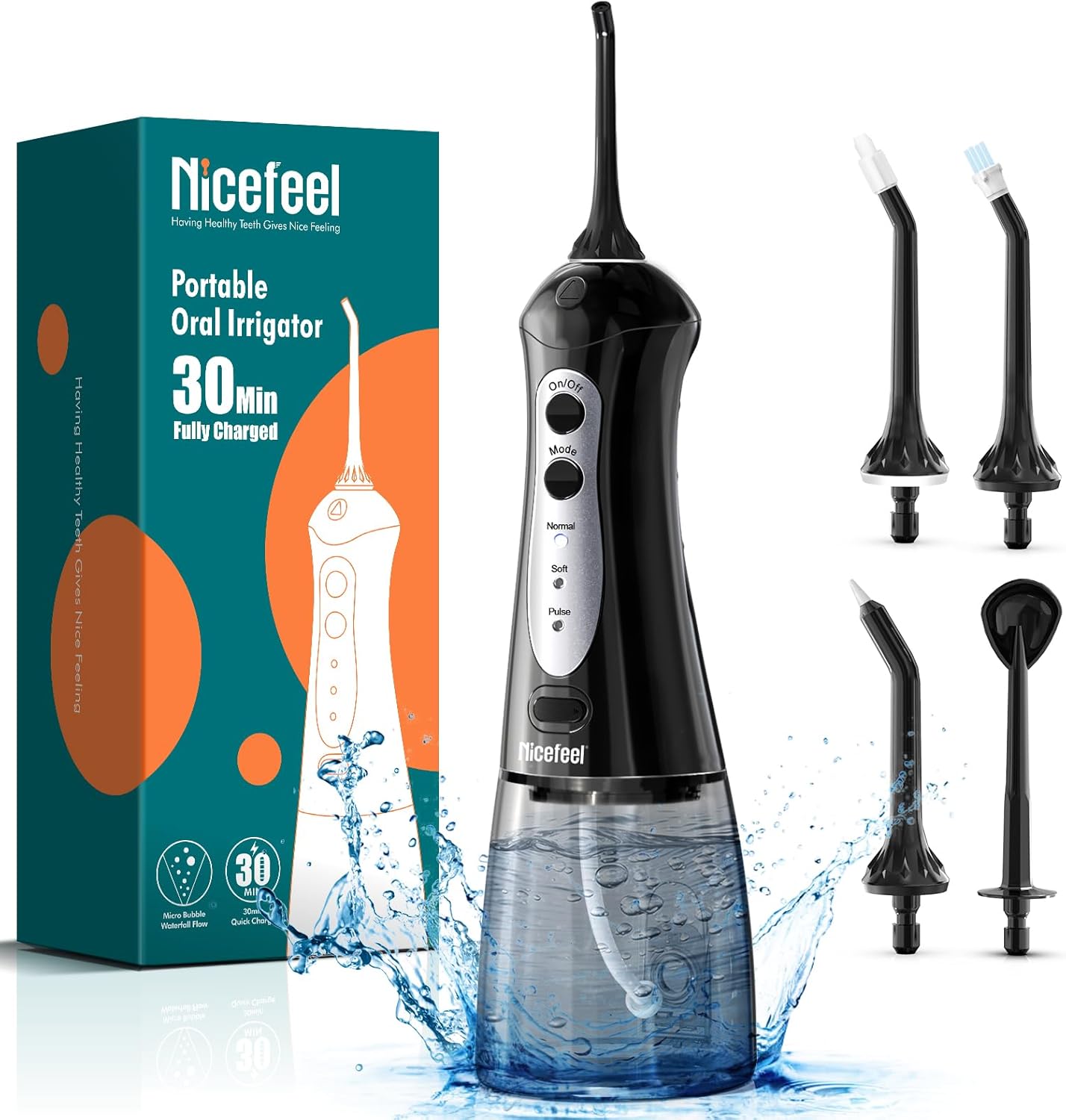 Nicefeel Water Dental Flosser Teeth Pick - Fast Charge Cordless Teeth Cleaner, 3 Modes Portable Oral Irrigator, IPX7 Waterproof Electric Water Dental Flosser for Tonsil Stone, 300ML Tank, Home Travel