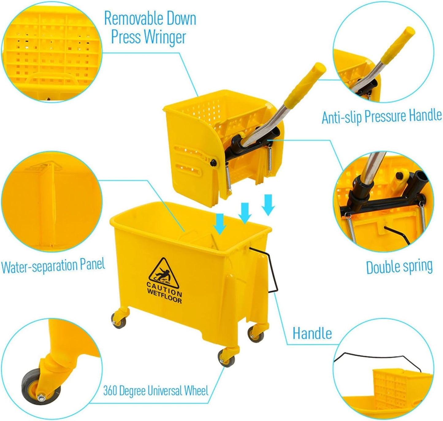 Mop Bucket & Side Wringer Combo, Heavy Duty & Commercial Janitorial Cart Spring Wringer on Wheels for Home & Industrial Cleaning Commercial Mop Bucket for Business, Durable, Yellow