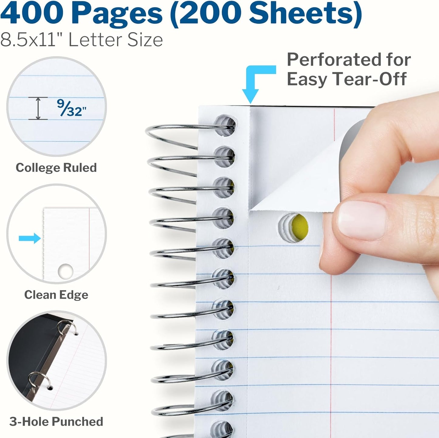 CRANBURY 5-Subject Notebook College Ruled, Movable Pocket Dividers, 200 Sheets (400 Pages) 8.5x11 College Rule Paper, 8.5 x 11 Spiral Notebook with Tabs, 2 Plastic Covers, Multi Subject Notebook