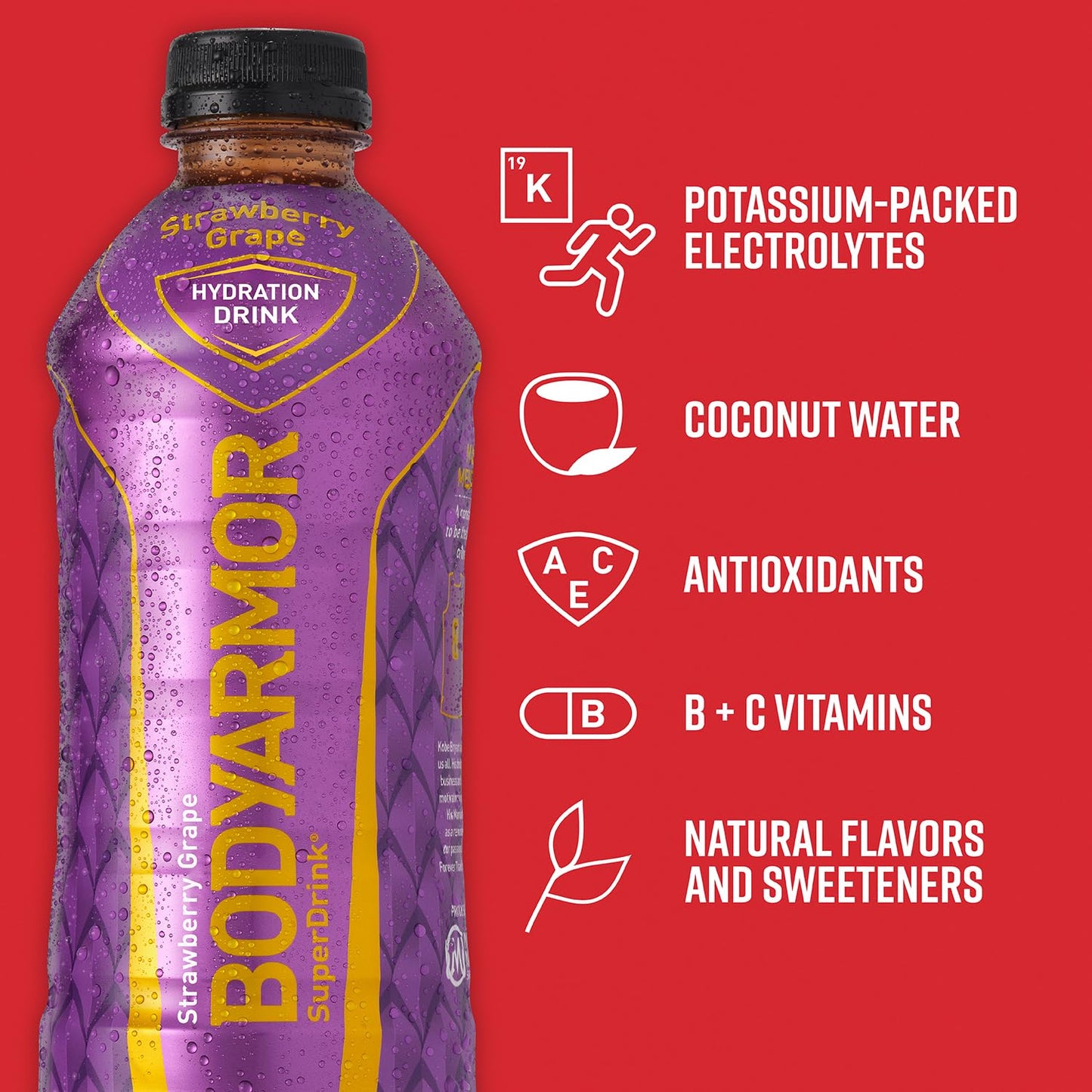 BODYARMOR Sports Drink Sports Beverage, Strawberry Grape, Coconut Water Hydration, Natural Flavors With Vitamins, Potassium-Packed Electrolytes, Perfect For Athletes, 28 Fl Oz (Pack of 12)