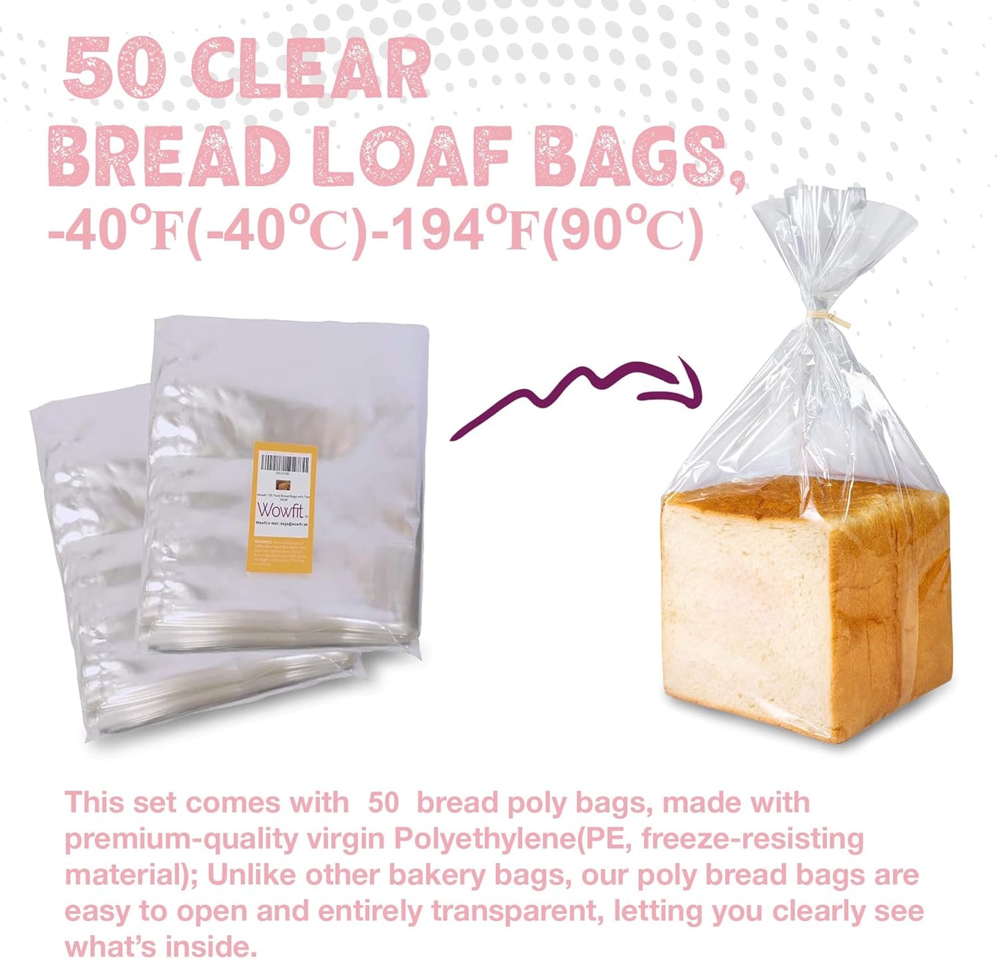 Wowfit Bread Poly Bags – Pack of 100 Entirely Transparent Clear Bakery Bags – Bread Loaf Packaging Bags with 100 Gold Twist Ties – 8x4x18-Inch Grocery Bread Bags