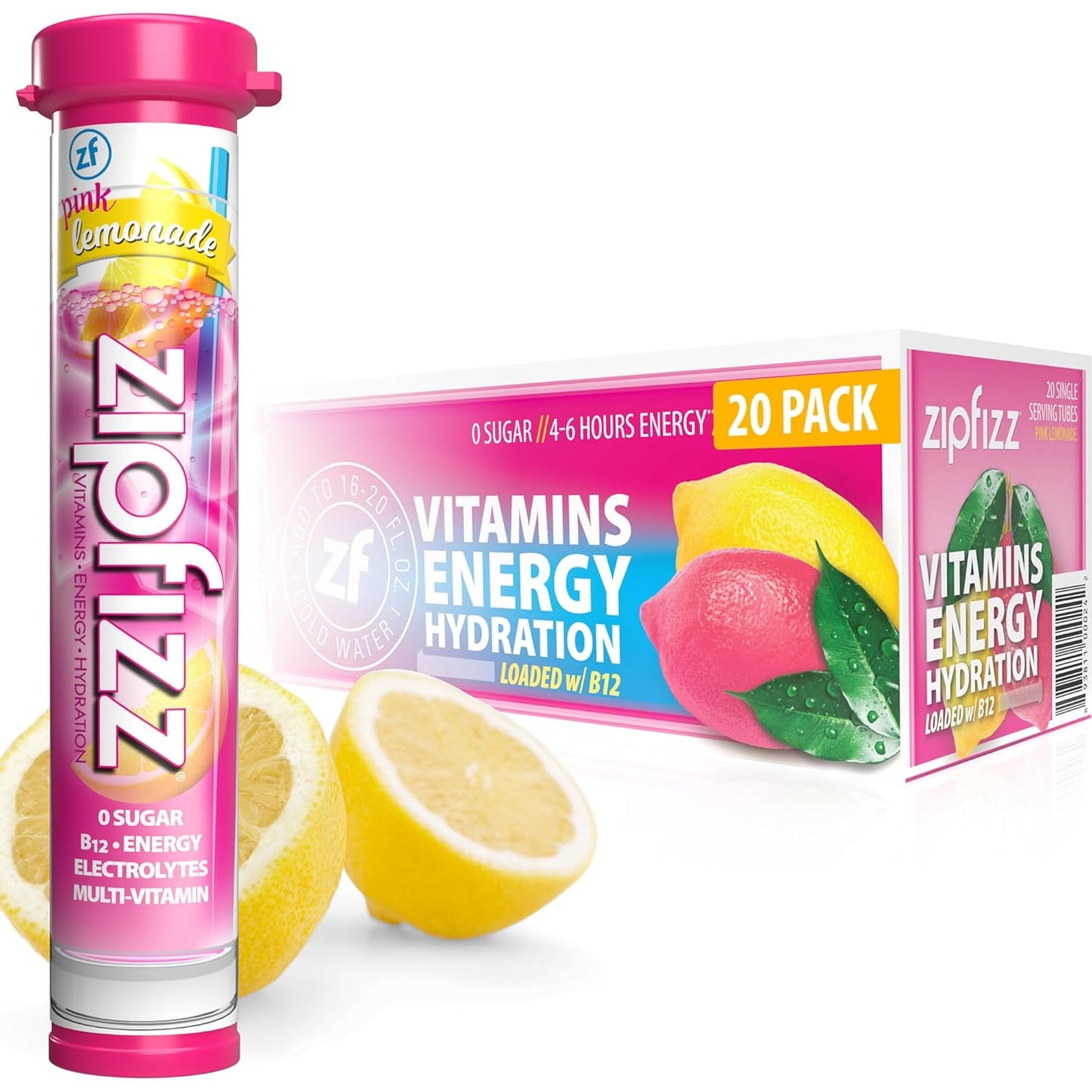 Zipfizz Daily Energy Drink Powder, Pink Lemonade, 20 Pack | 3-in-1 Sustained Energy, Rapid Hydration, and Essential Vitamins | Sugar-Free | Electrolyte Powder | Contains Vitamin B-12 & Antioxidants