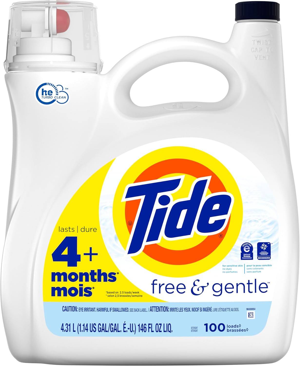 Tide Free & Gentle Laundry Detergent Liquid, HE Compatible, 100 Loads, 132 fl oz Hypoallergenic Laundry Detergent for Sensitive Skin