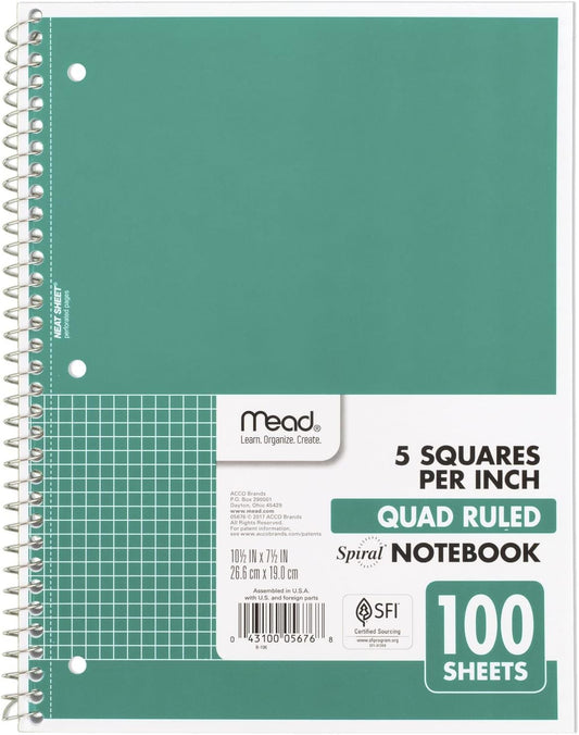 Mead Spiral Notebook, 1-Subject, Graph Ruled Paper, 7-1/2" x 10-1/2", 100 Sheets, Green (05676AC5)