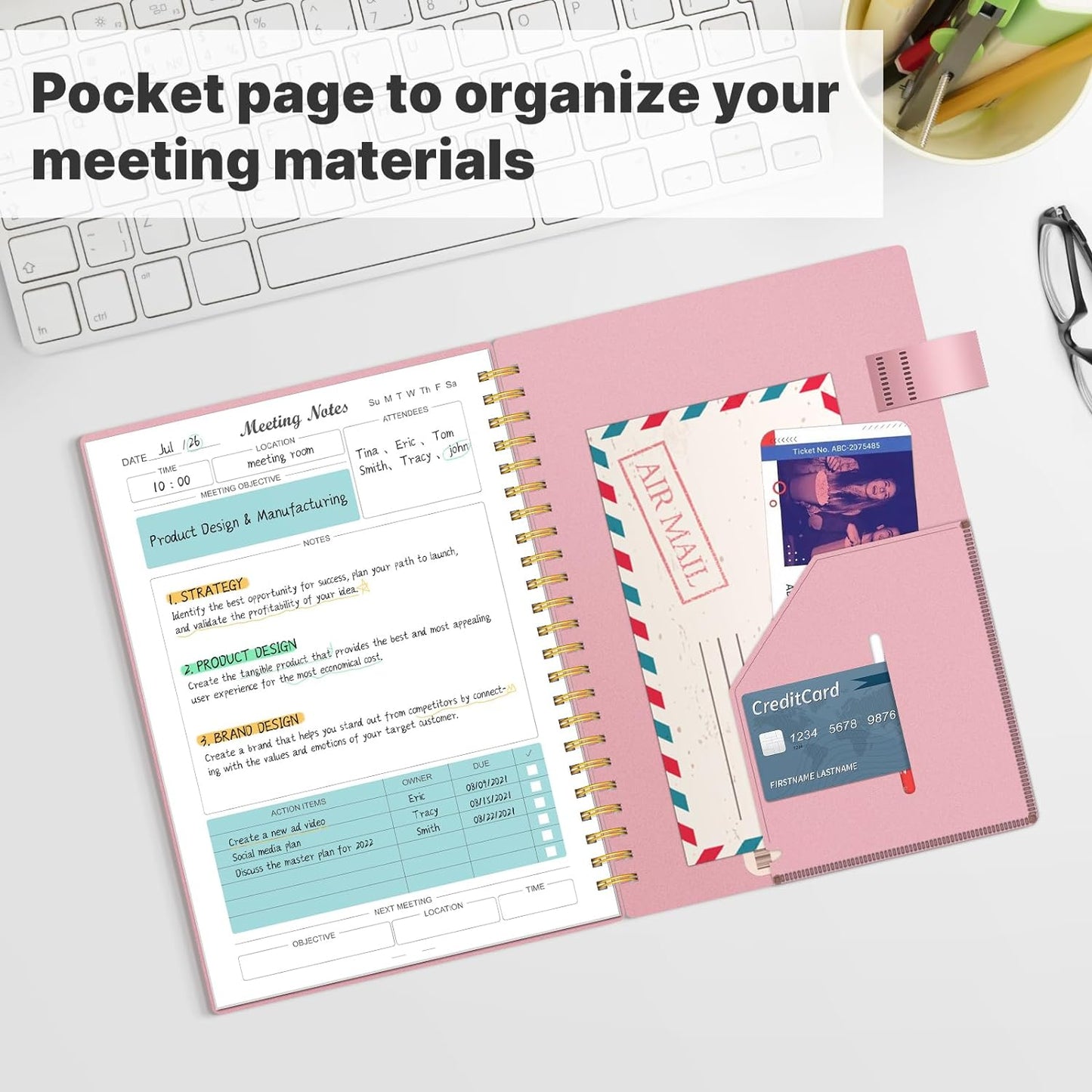 Meeting Notebook for Work Organization, Simplified Notebooks for Work with Action Items, Spiral Meeting Agenda Minutes Notebook Organizer,Aesthetic Office Supplies for Project Planner, Pink, 8.5"x5.5"