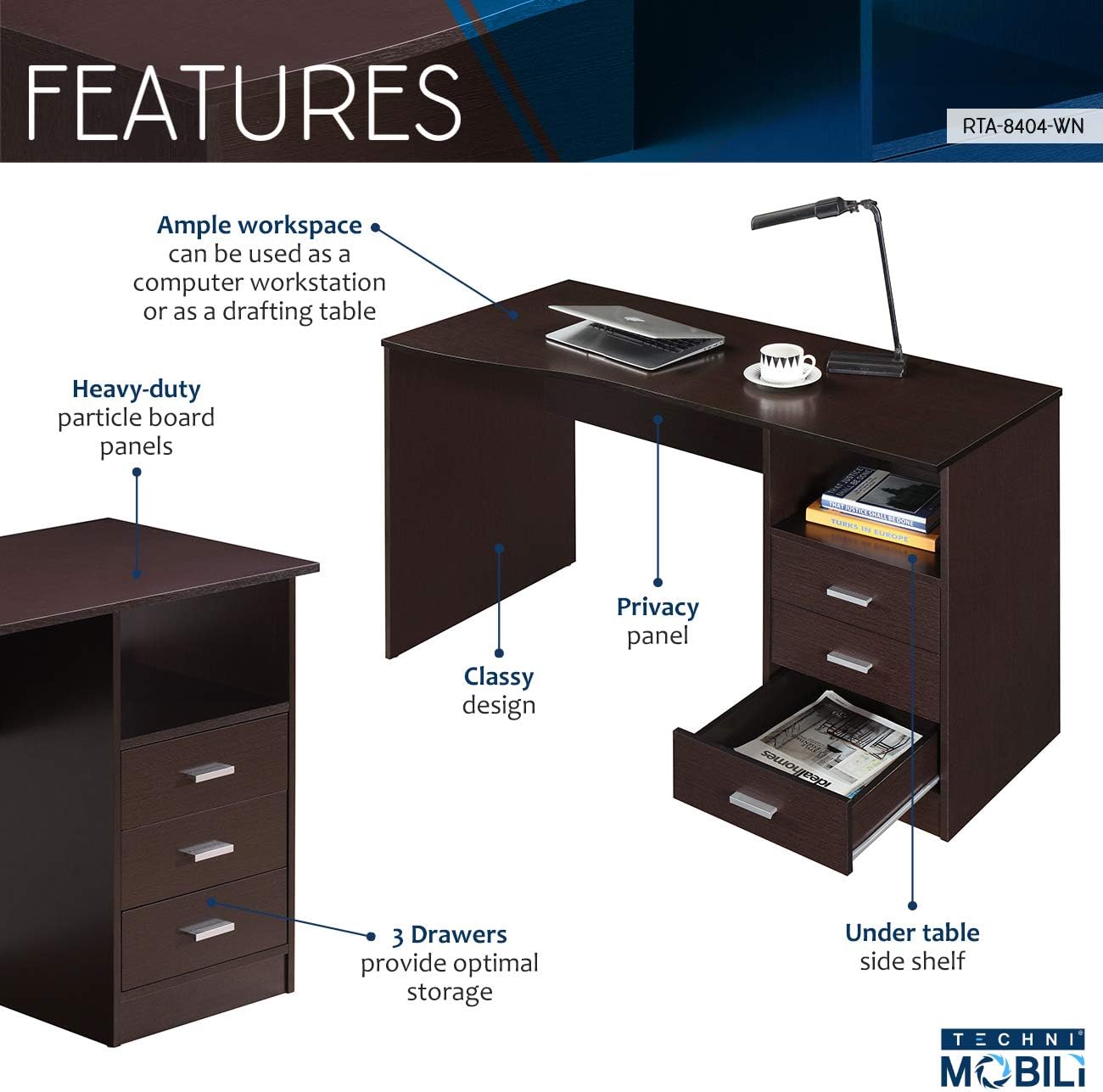 Techni Mobili Classic Computer Desk with Multiple Drawers, 29.5" x 23.6" x 51.2", Wenge