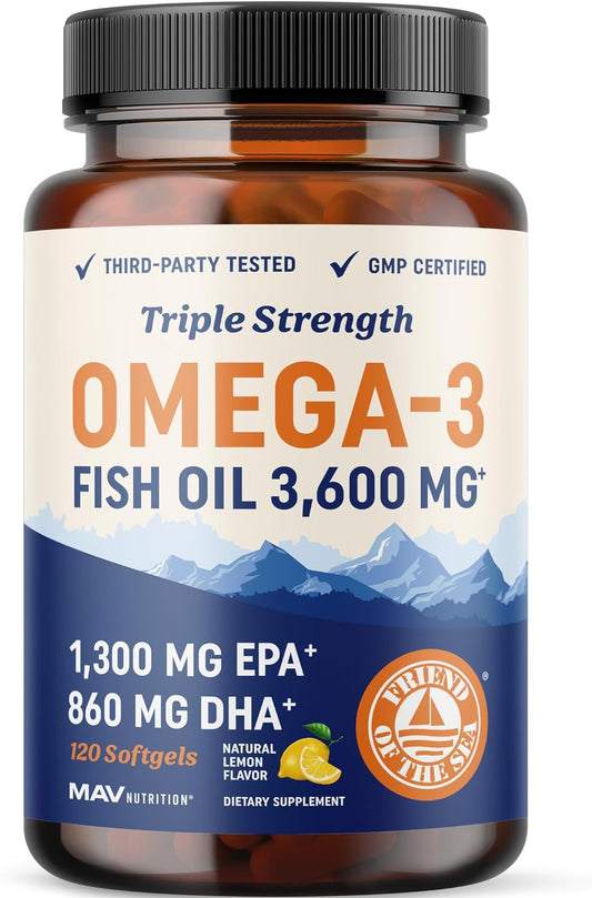 Triple Strength Omega 3 Fish Oil 3600 mg | EPA & DHA | Over 2100mg of Omega-3 Fatty Acids | 1300mg EPA + 860mg DHA | Best Essential Fatty Acids | Premium Burpless Softgel Supplements (120 Ct)