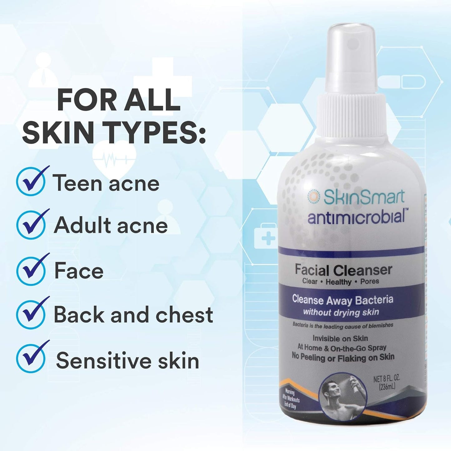 SkinSmart Facial Cleanser for Acne, Targets Bacteria for Active Teenage Athletes Post Workout and Adult Acne, 8 oz Spray Bottle, Safe for Multiple Daily Uses