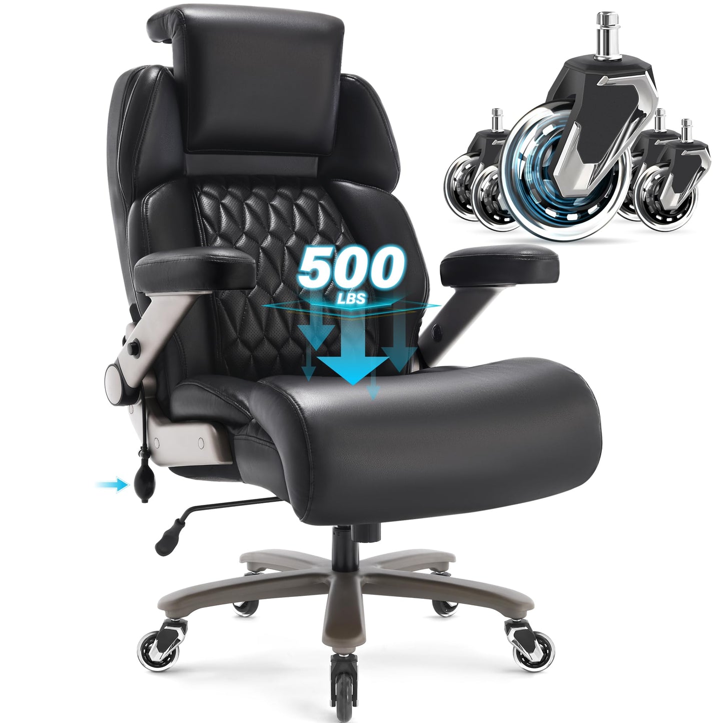 Big and Tall Office Chair 500lbs - Adjustable Headrest&Lumbar Support, 3D Flip Arms, Large Wheels &Heavy Duty Metal Base, Ergonomic High Back Computer Chair Desk Chair, Thick Padded Extra Wide Seat