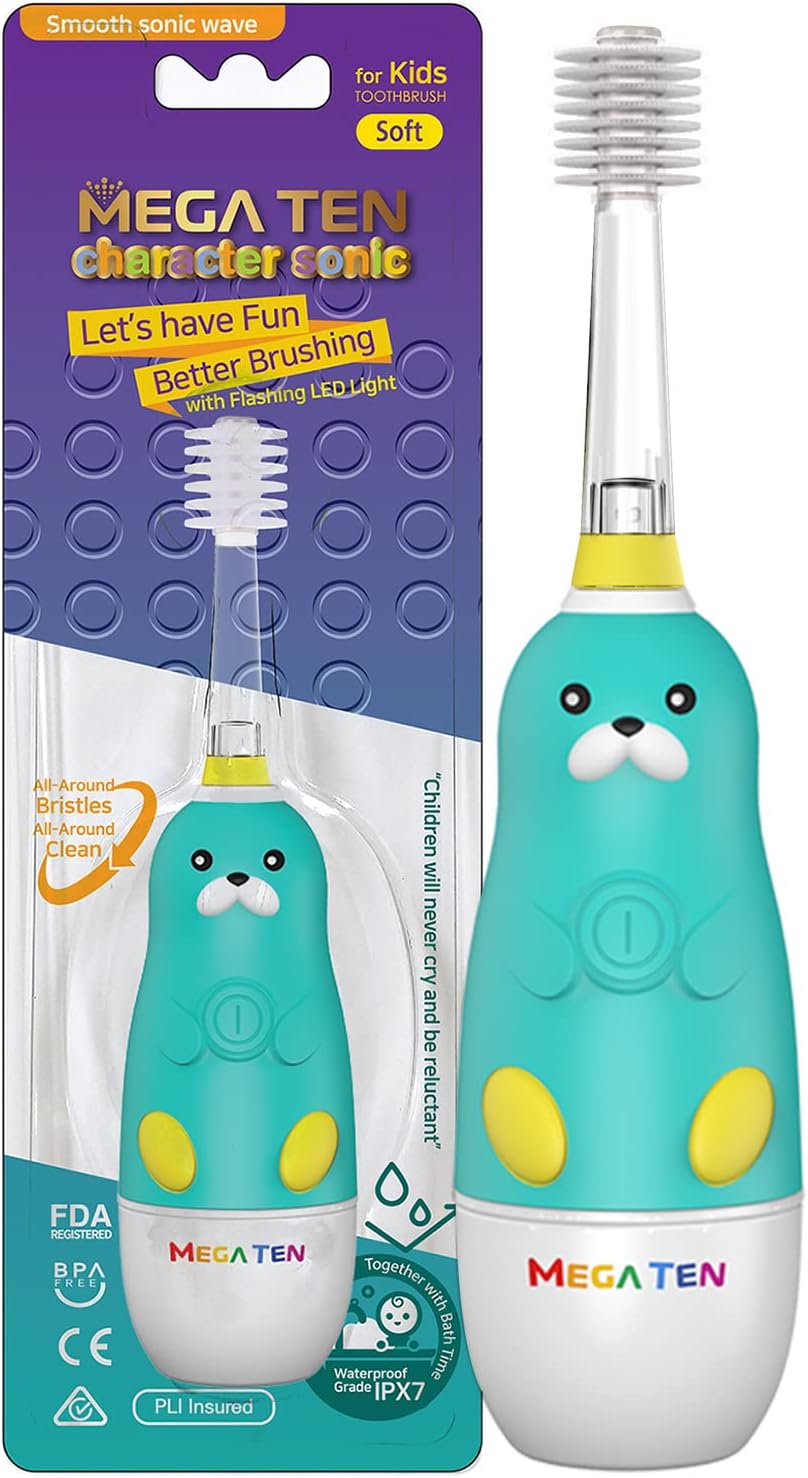 MEGATEN 360-Degree Kids Electric Toothbrush Made in Korea | LED Light & Soft Microfiber Bristles & Comfortable Grip | Fun & Easy Brushing for Kids 12-48 Months | Built-in Timer | BPA Free | Sea Otter