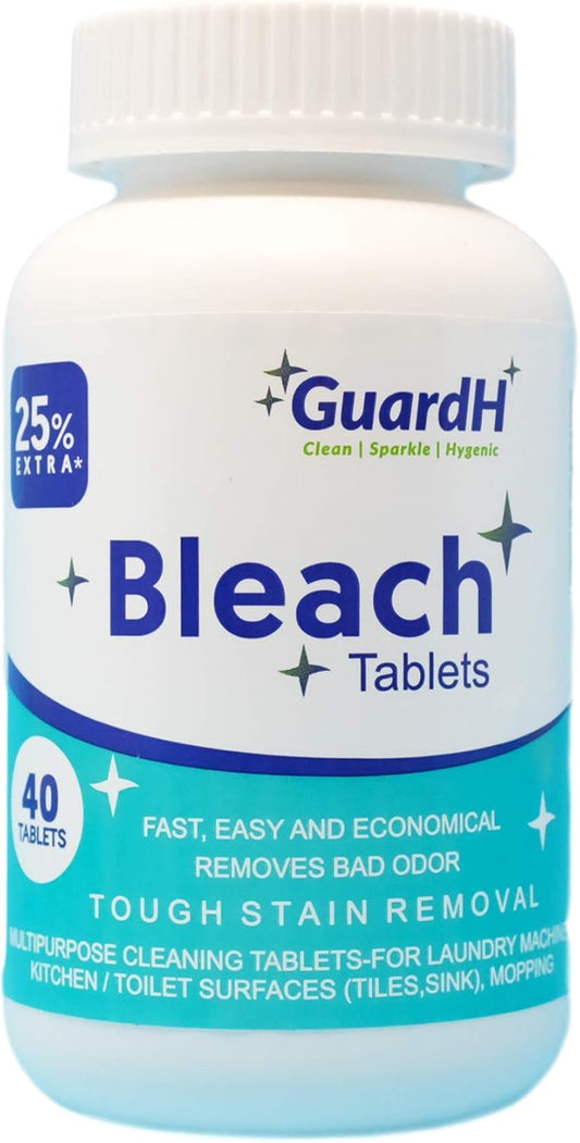 Bleach Tablets - 40 count. Bleach for laundry and multipurpose cleaning. Liquid bleach Alternative. Used for kitchen surfaces, bathroom tiles and toilet bowl cleaning.