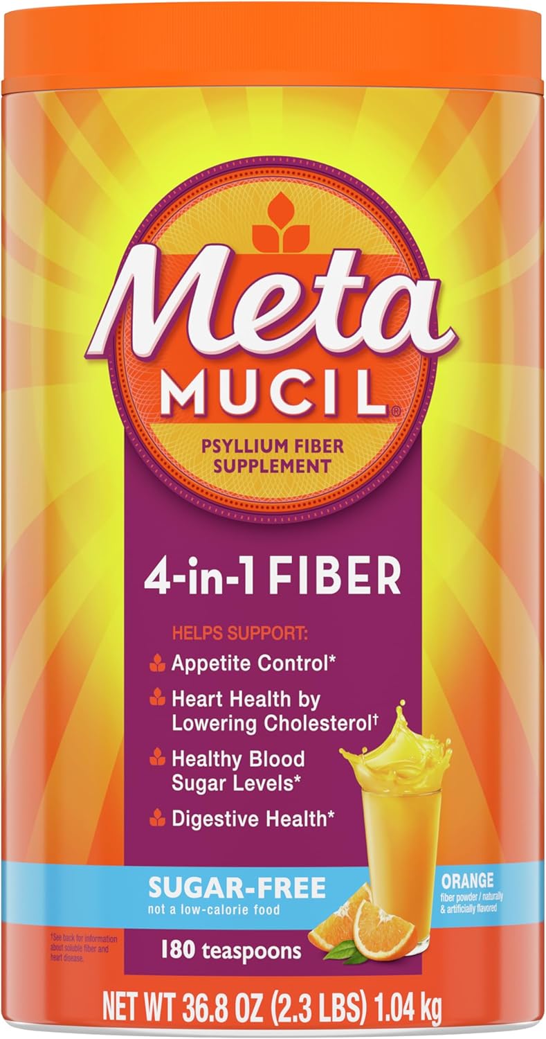 Metamucil 4 in 1 Daily Fiber Supplement Powder, Fiber Powder for Digestive Health and Regularity*, Sugar-Free, Orange, Naturally Sourced Psyllium Fiber, 180 teaspoons