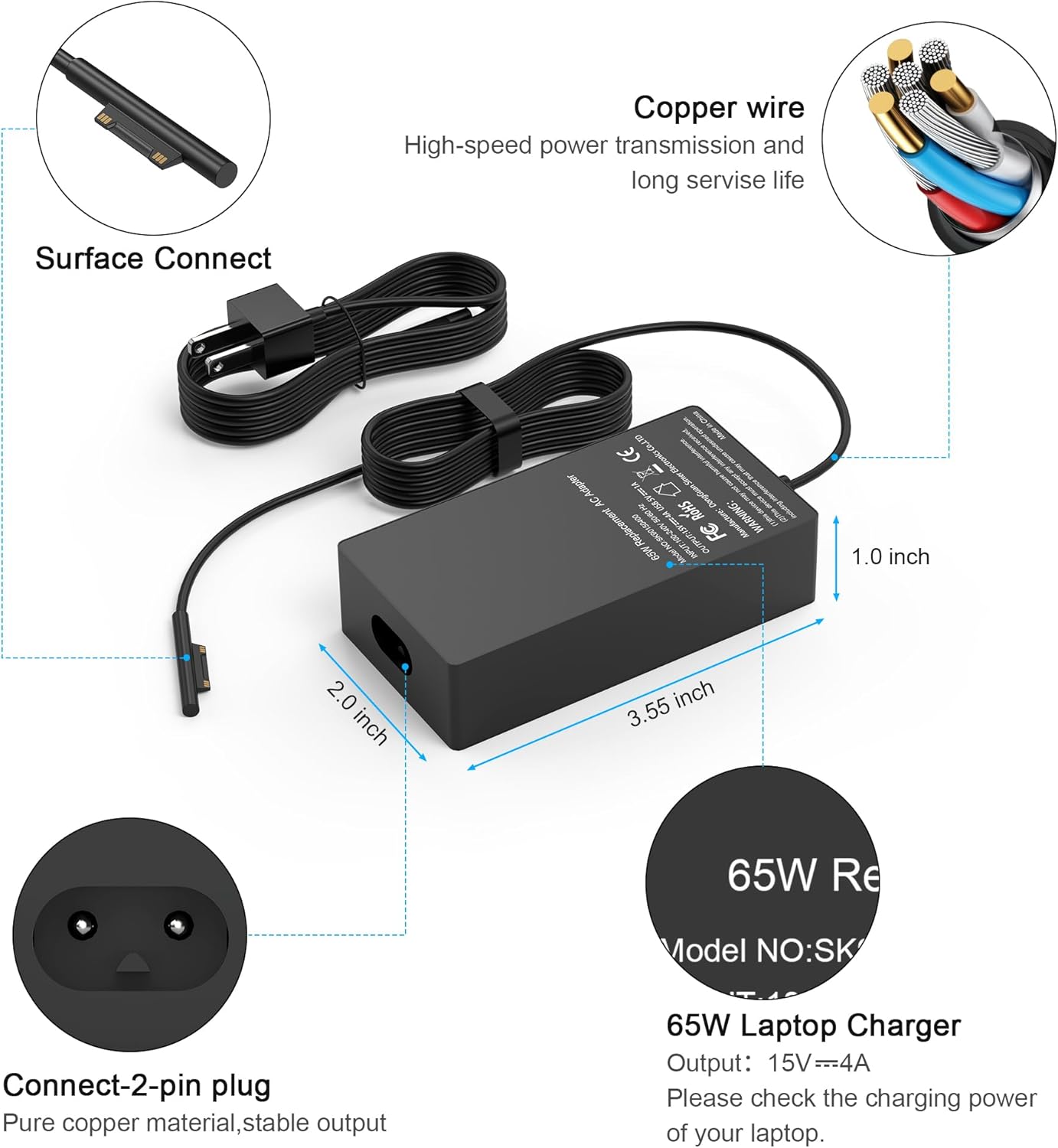 Replacement for Microsoft Surface Charger,65W Surface Pro Charger,Compatible with Surface Pro 9,8,7,6,5,4,3,X Surface Laptop 5,4,3,2,1 Surface Go 3,2,1 Surface Book 3,2,1 and Windows Laptop Charger