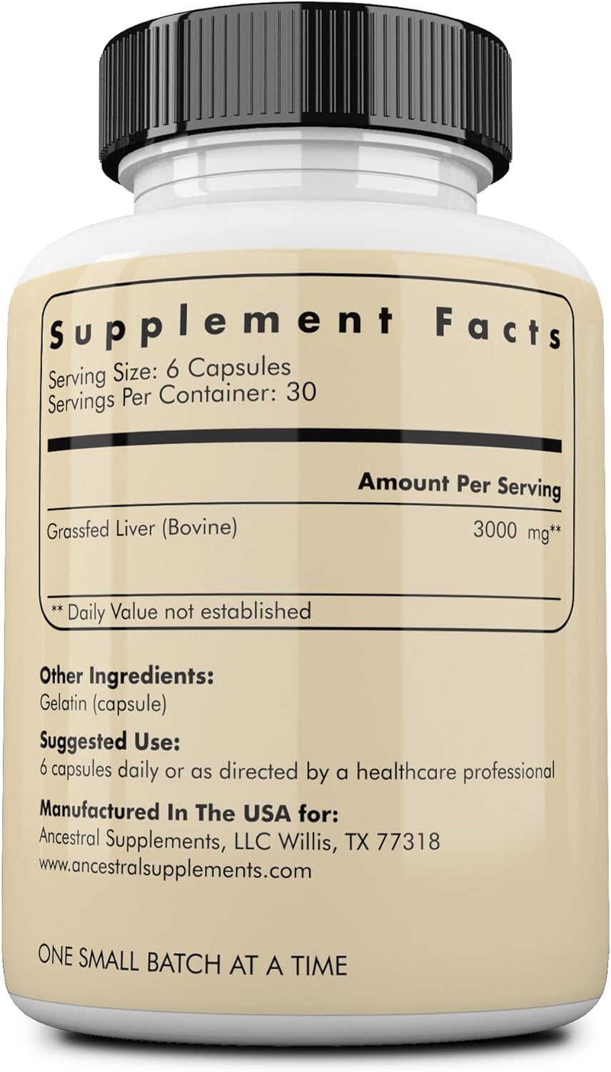 Ancestral Supplements Grass Fed Beef Liver 180 Capsules, Supports Energy Production, Detoxification, Digestion, Immunity and Full Body Wellness, Non-GMO, Freeze Dried Liver Health Supplement