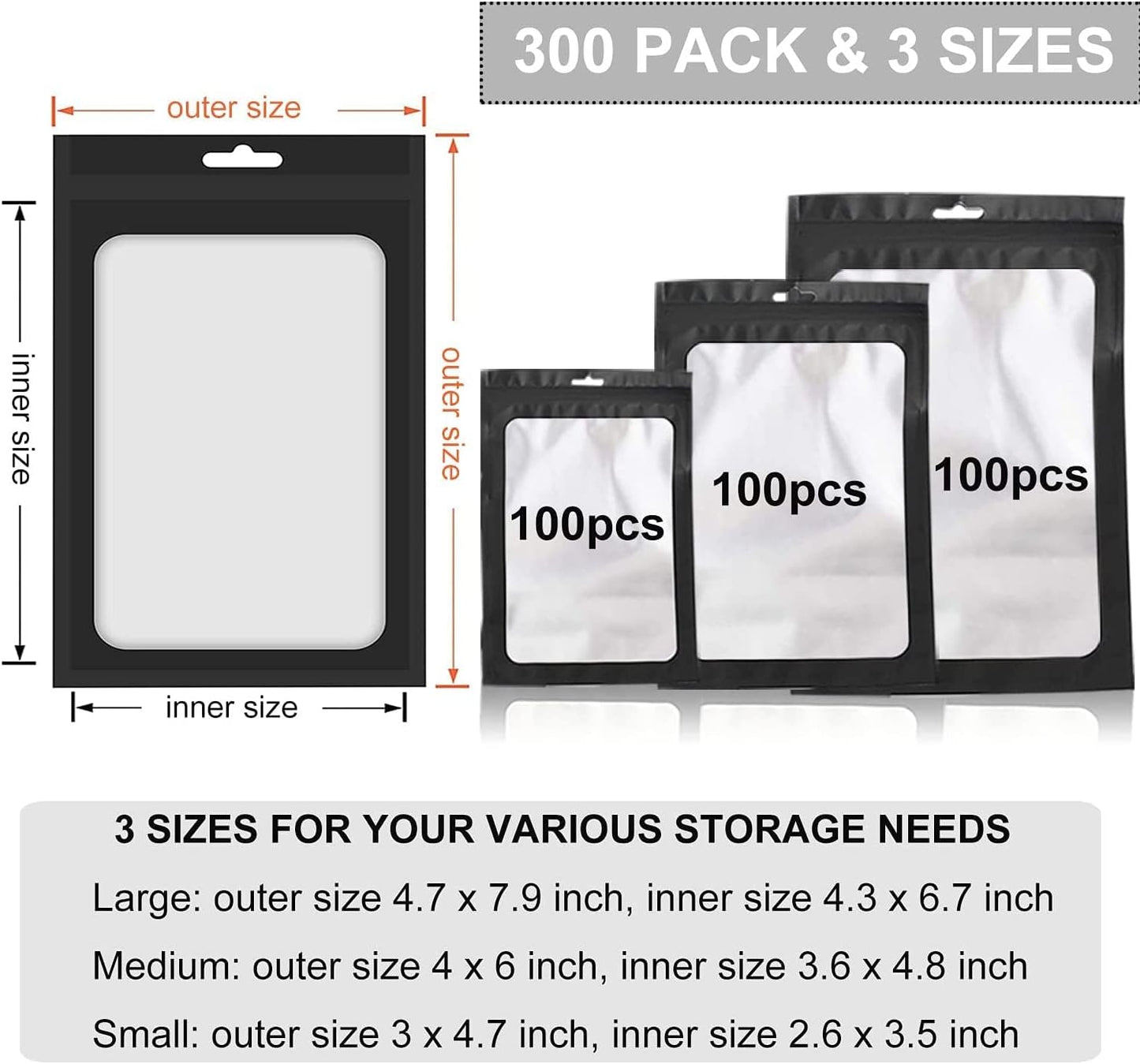 300 Pack 3 Sizes Resealable Mylar Bags Food Storage Smell Proof Bags with Front Window Packaging Pouch for Sample Snack Cookies Jewelry (Black, 3 x 4.7 inch,4 x 6 inch,4.7 x 7.9 inch)