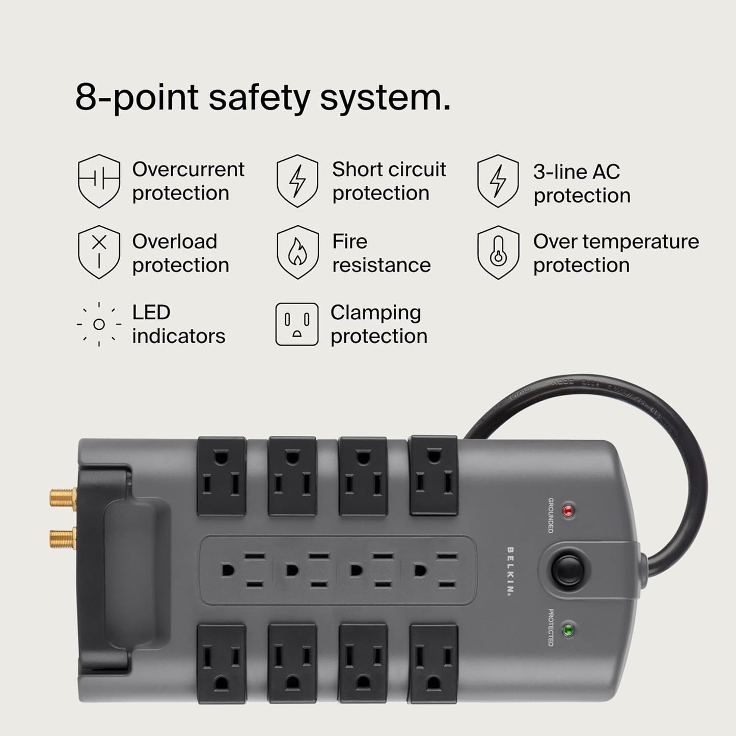 Belkin Surge Protector Power Strip w/ 8 Rotating & 4 Standard Outlets - 8ft Sturdy Extension Cord w/ Flat Pivot Plug for Home, Office, Travel, Desktop & Charging Brick - 4320 Joules of Protection