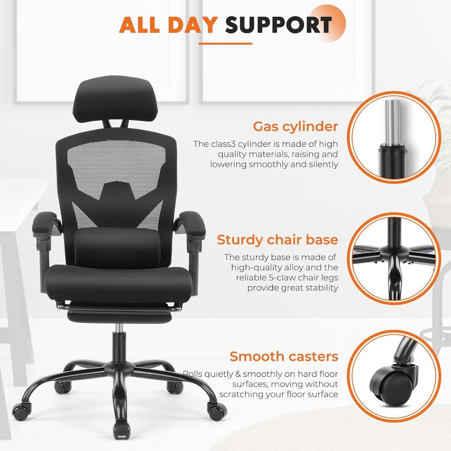 Sweetcrispy Office Computer Desk Chair, Ergonomic High-Back Mesh Rolling Work Swivel Chairs with Wheels, Comfortable Lumbar Support, Comfy Arms for Home, Bedroom, Study, Student, Black