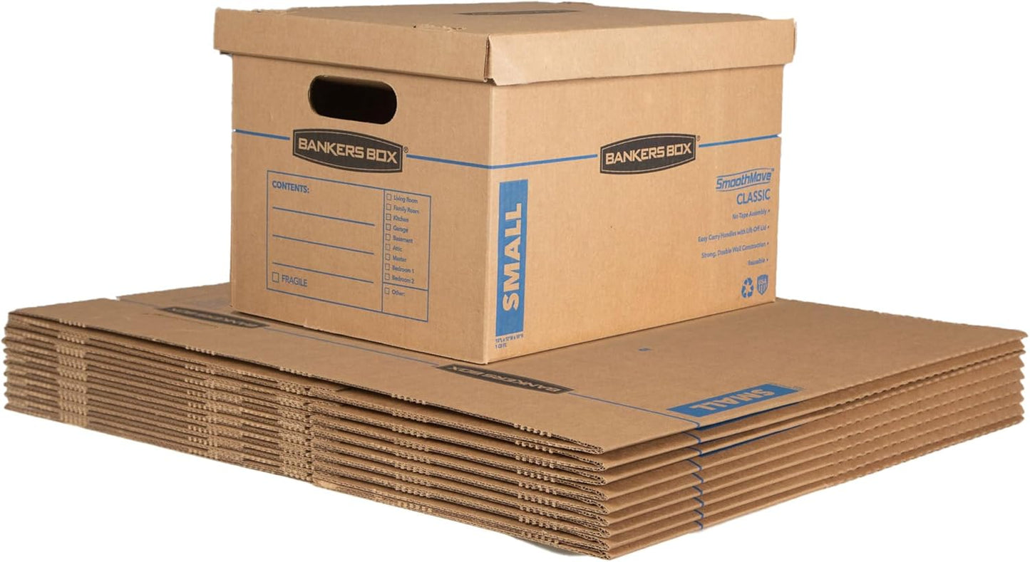 Bankers Box Small Classic Moving Box 10 Pack, Reinforced Handles, Tape-Free Assembly, Box with Lid, 15-in x 12-in x 10-in (7714901)