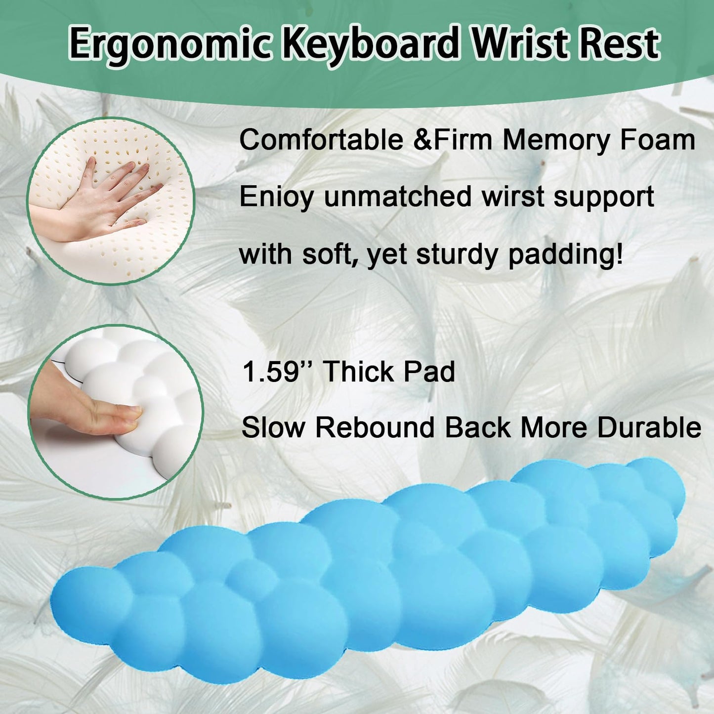 Keyboard Wrist Rest Pad, Ergonomic Design Effective Wrist Pain Relief Arm Rest Desk, Cute Cloud Decoration Gift for Office, Study, Computer Game Table Mouse Accessories (Green+White)