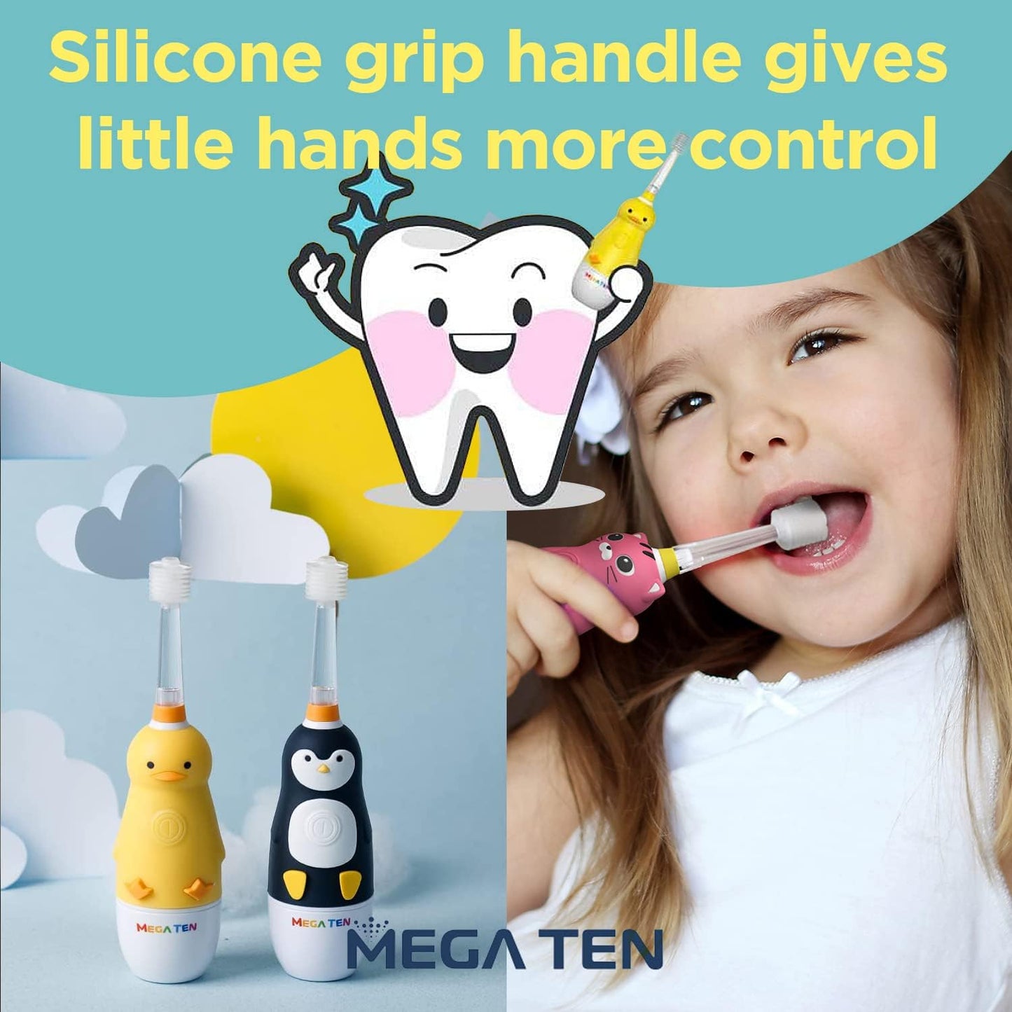 MEGATEN 360-Degree Kids Electric Toothbrush Made in Korea | LED Light & Soft Microfiber Bristles & Comfortable Grip | Fun & Easy Brushing for Kids 12-48 Months | Built-in Timer | BPA Free | Sea Otter