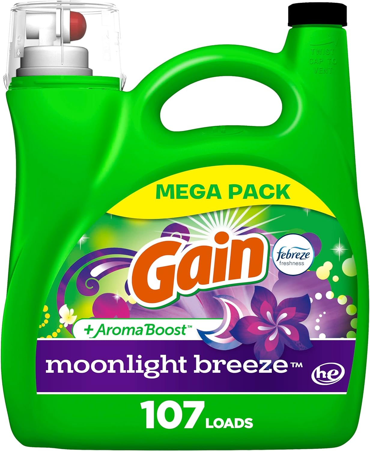 Gain + Aroma Boost Liquid Laundry Detergent, Moonlight Breeze Scent, 107 Loads, 154 Fl Oz, HE Compatible with Febreze and Oxi (125)