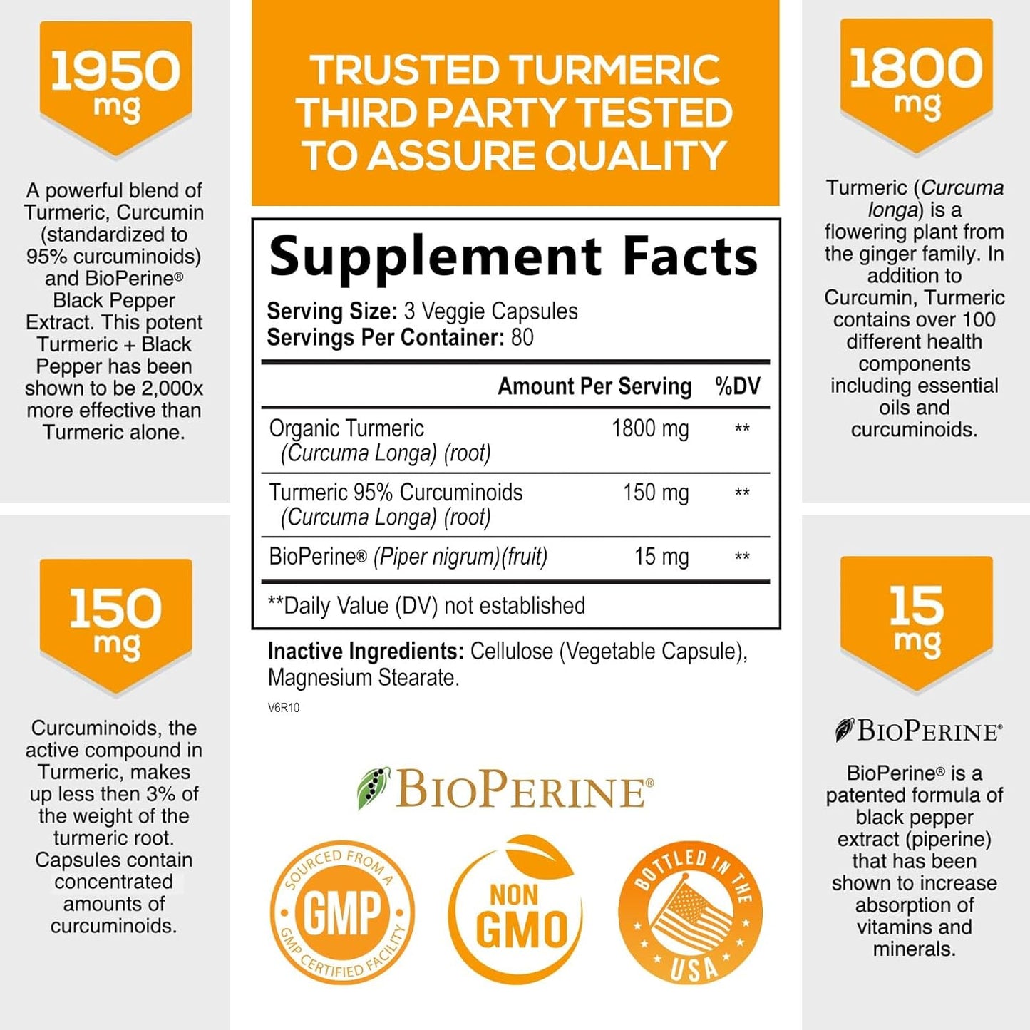 Turmeric Curcumin with BioPerine 95% Standardized Curcuminoids 1950mg - Black Pepper Extract for Max Absorption, Nature's Joint Support Supplement, Herbal Turmeric Pills, Vegan Non-GMO - 240 Capsules