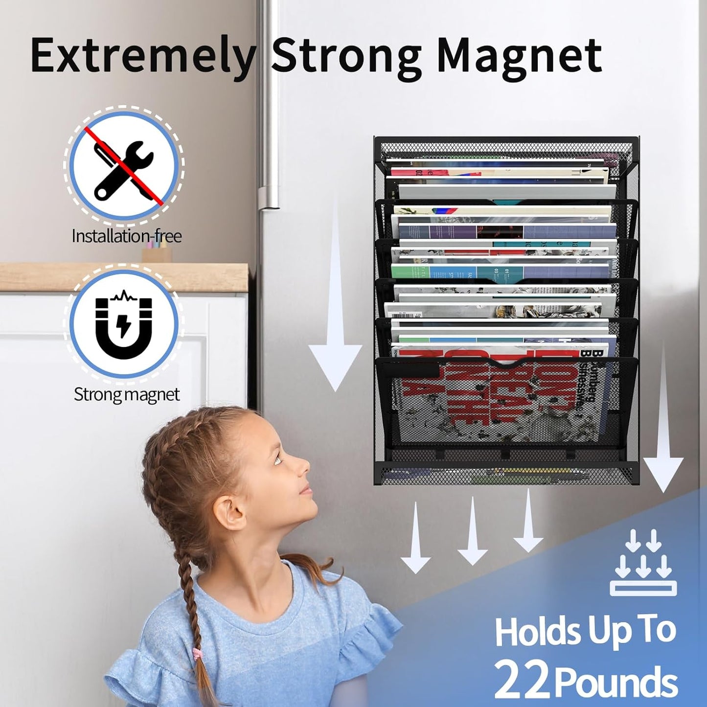 7 Tier Magnetic File Holder, No Drilling Wall File Organizer for File Cabinets Whiteboard refrigerator,Office,Classroom, Hanging Paper Folder Holder, Black