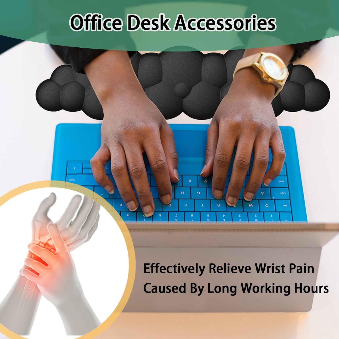 Keyboard Wrist Rest Pad, Ergonomic Design Effective Wrist Pain Relief Arm Rest Desk, Cute Cloud Decoration Gift for Office, Study, Computer Game Table Mouse Accessories (Green+White)