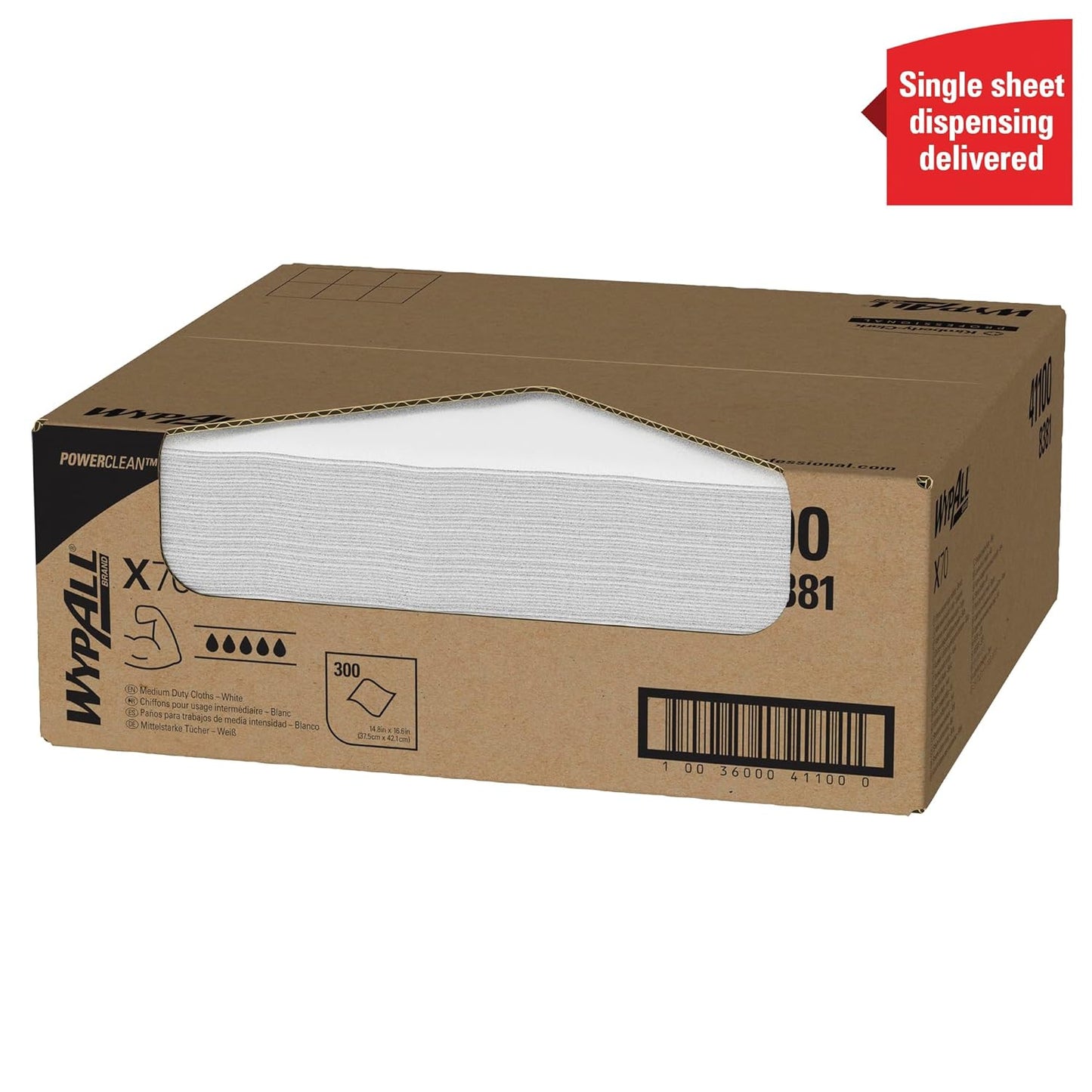 WypAll Power Clean X70 Medium Duty Cloths (41100), Flat Sheet Box, Long Lasting Performance, White, 1 Box, 300 Sheets