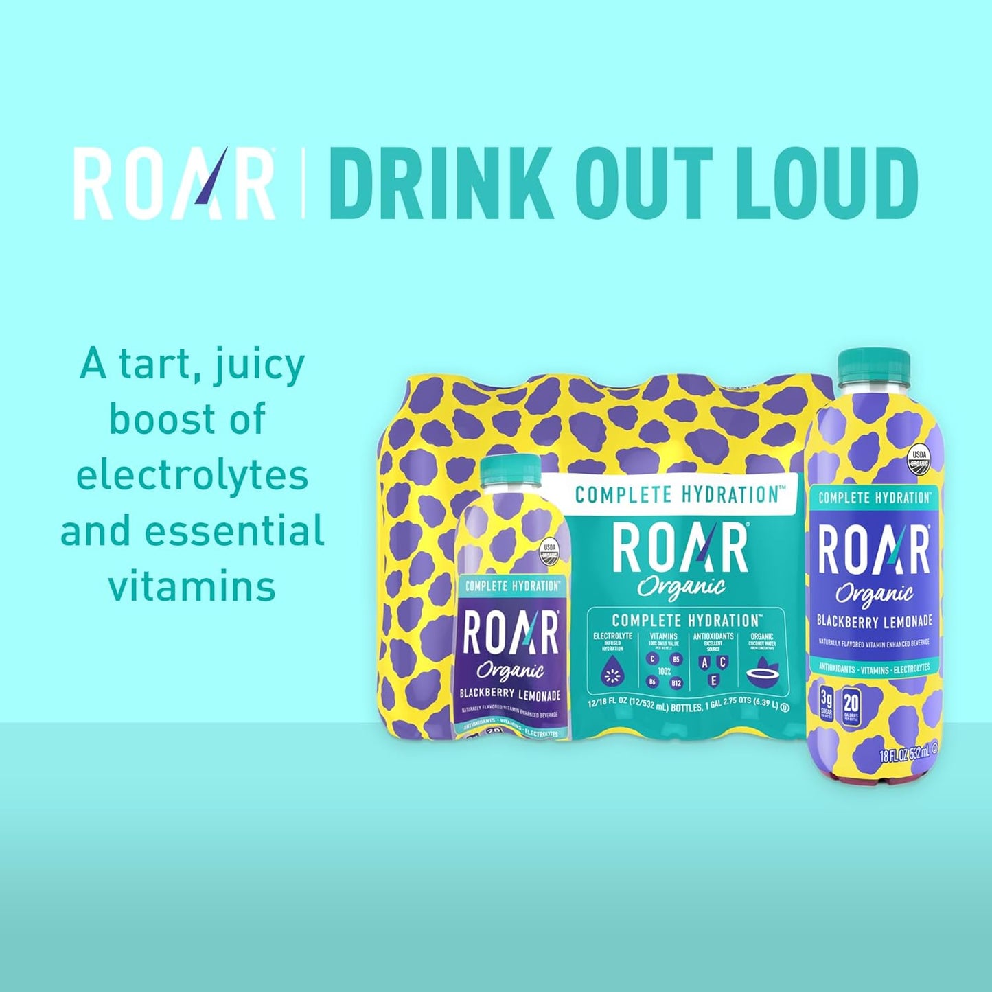 ROAR Complete Hydration Organic - Electrolyte Drinks Loaded with Vitamins C, B5, B12 - Non-GMO, Gluten-Free - Blackberry Lemonade - 12 pc