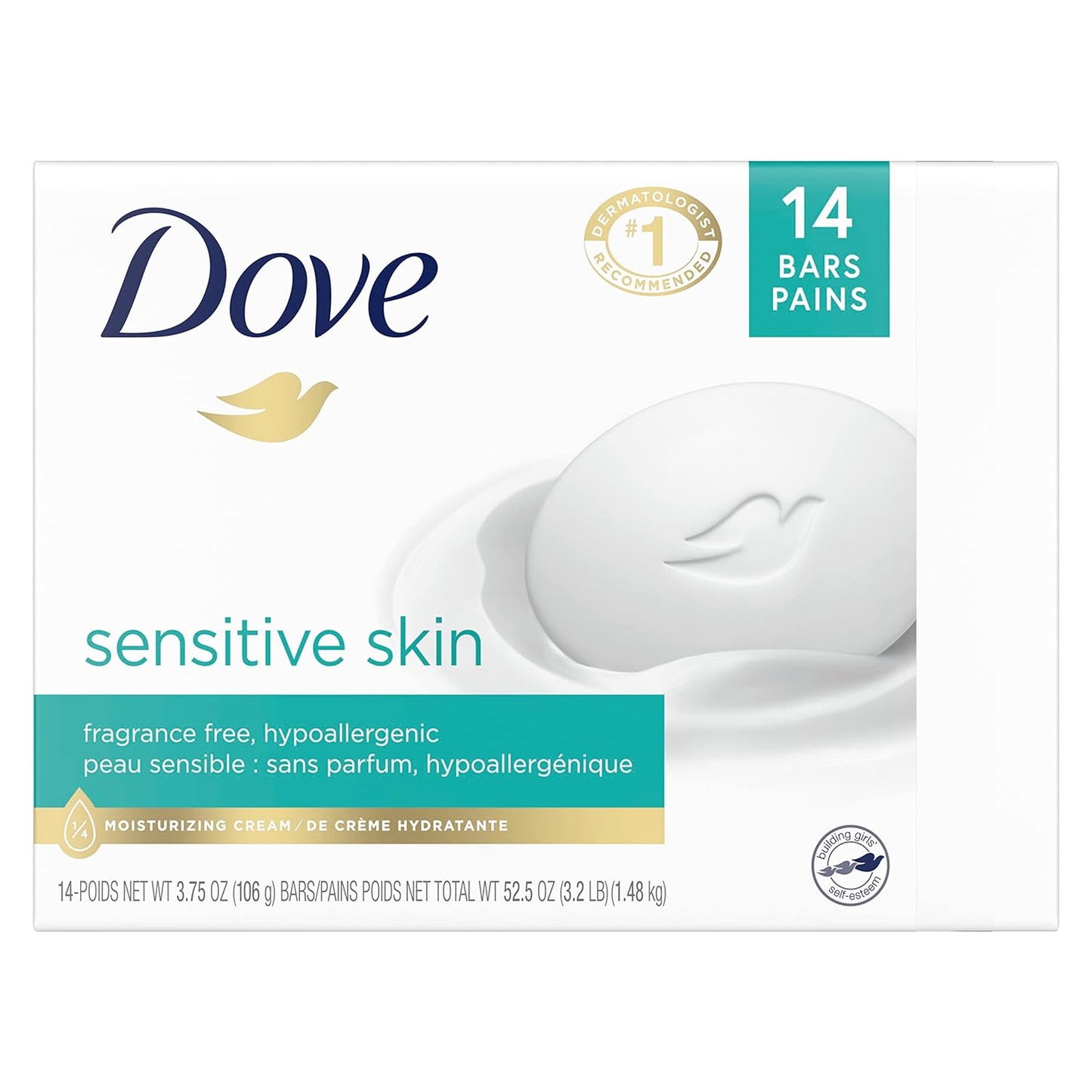 Dove Beauty Bar More Moisturizing Than Bar Soap for Softer Skin, Fragrance-Free, Hypoallergenic Beauty Bar Sensitive Skin With Gentle Cleanser 3.75 oz 14 Bars