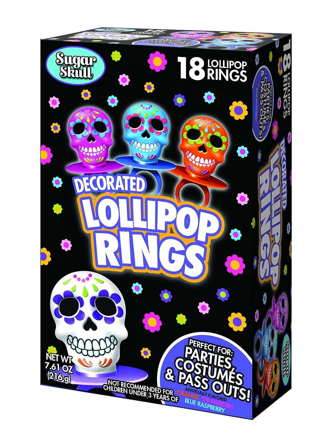 Halloween Day of the Dead Sugar Skull Lollipop Rings,7.61 ounce, Box of 18