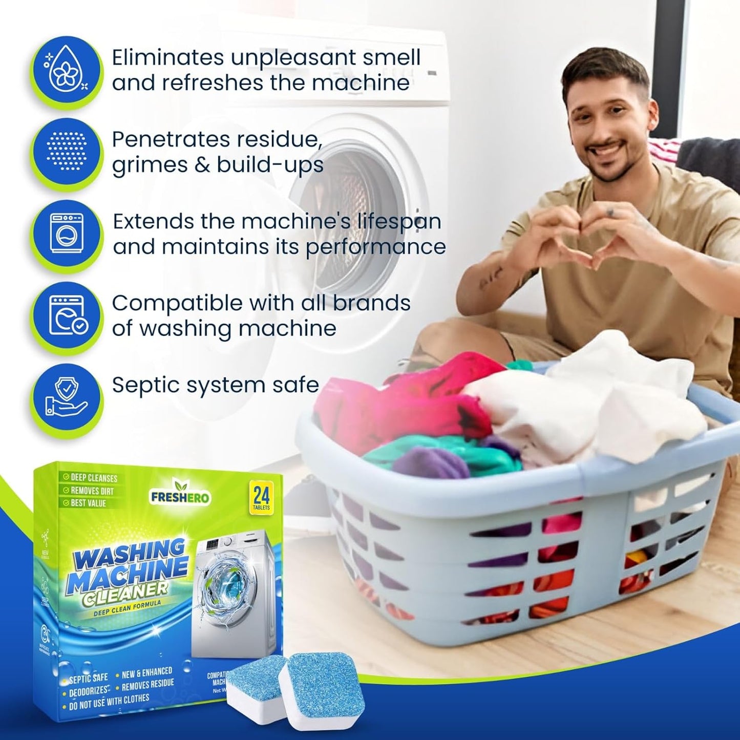 Washing Machine Cleaner Tablets [24-Pack] – Powerfully deep clean, descale, & deodorize. Effortlessly remove grime and odors leaving your washer fresh. Compatible with front/top loaders & HE machines.