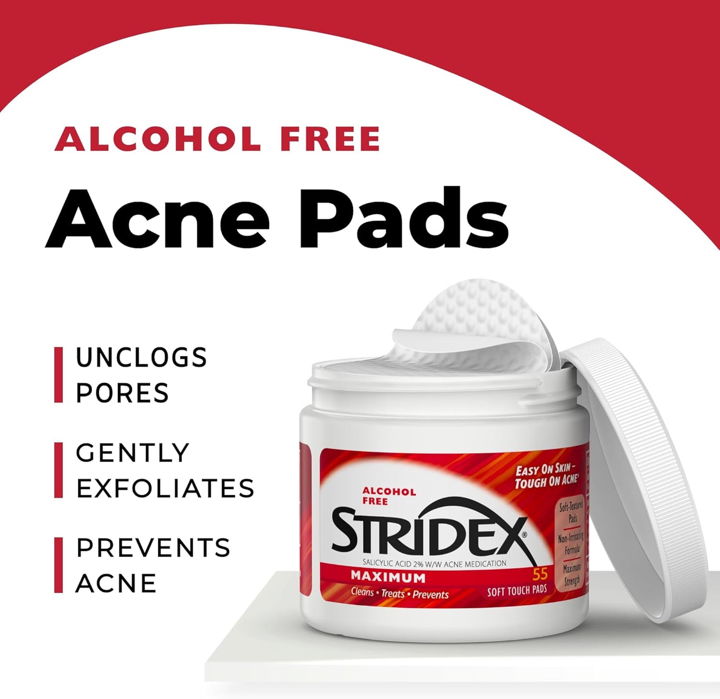 Stridex Medicated Acne Pads, Maximum, 55 Count – Facial Cleansing Wipes, Alcohol Free, Acne Treatment for Face, For Moderate Acne, Smooth Application