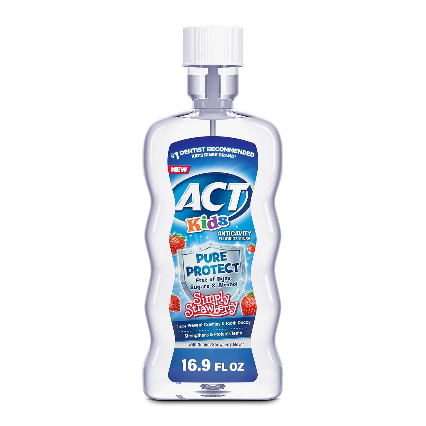 ACT Kids Pure Protect Anticavity Fluoride Rinse, Natural Strawberry Flavor Without Sugar, Free from Dyes & Alcohol, 16.9 fl. oz.