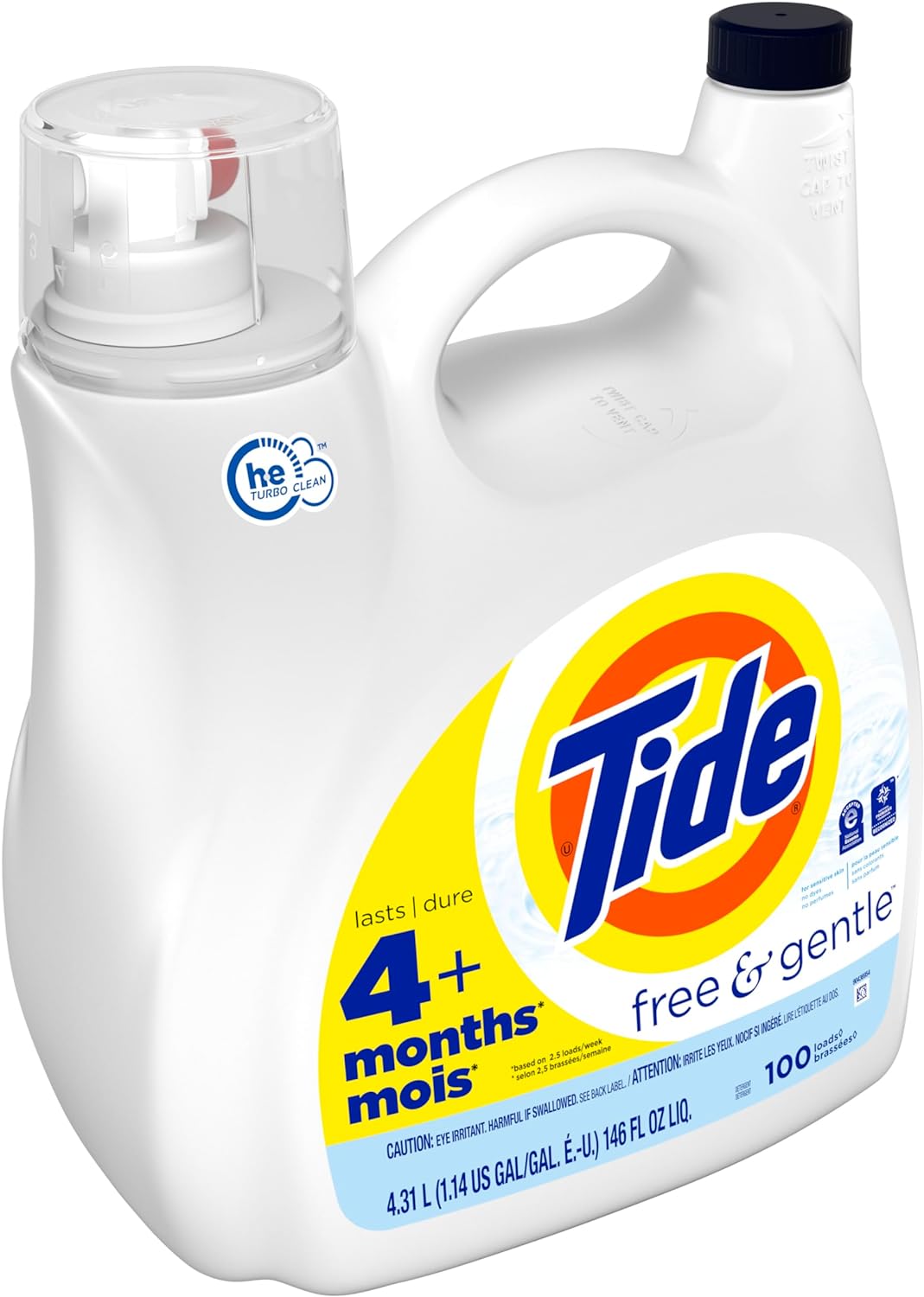 Tide Free & Gentle Laundry Detergent Liquid, HE Compatible, 100 Loads, 132 fl oz Hypoallergenic Laundry Detergent for Sensitive Skin