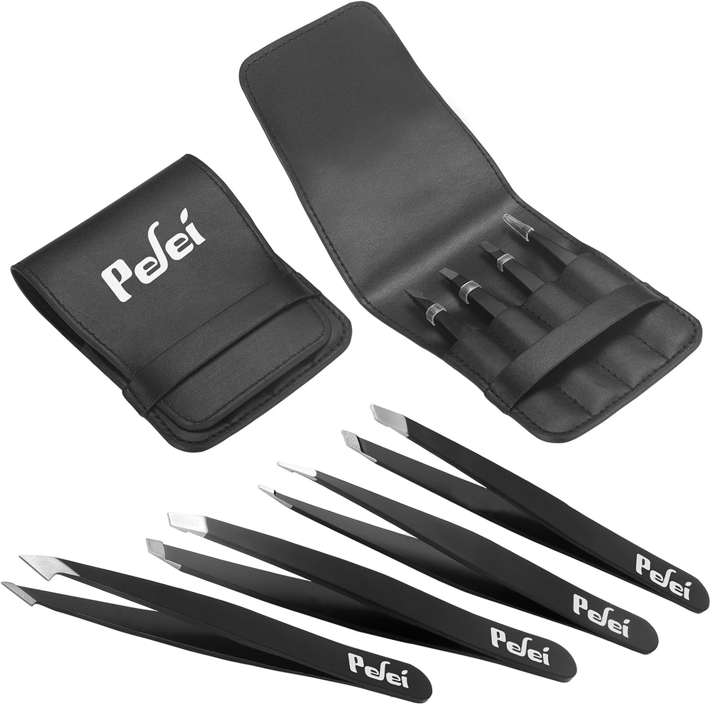 Pefei Tweezers Set - Professional Stainless Steel Tweezers for Eyebrows - Great Precision for Facial Hair, Splinter and Ingrown Hair Removal (Black)