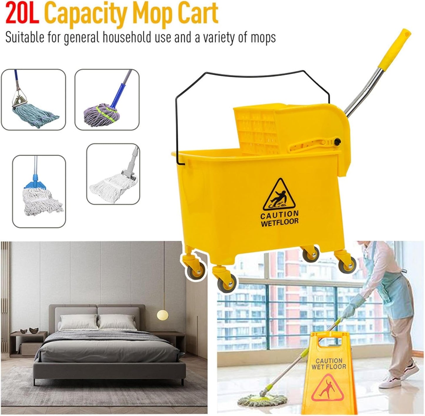 Mop Bucket & Side Wringer Combo, Heavy Duty & Commercial Janitorial Cart Spring Wringer on Wheels for Home & Industrial Cleaning Commercial Mop Bucket for Business, Durable, Yellow