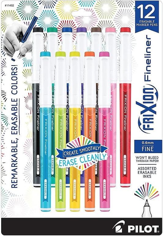 Pilot, FriXion Fineliner Erasable Marker Pens, Fine Point 0.7 mm, Pack of 12, Assorted Colors