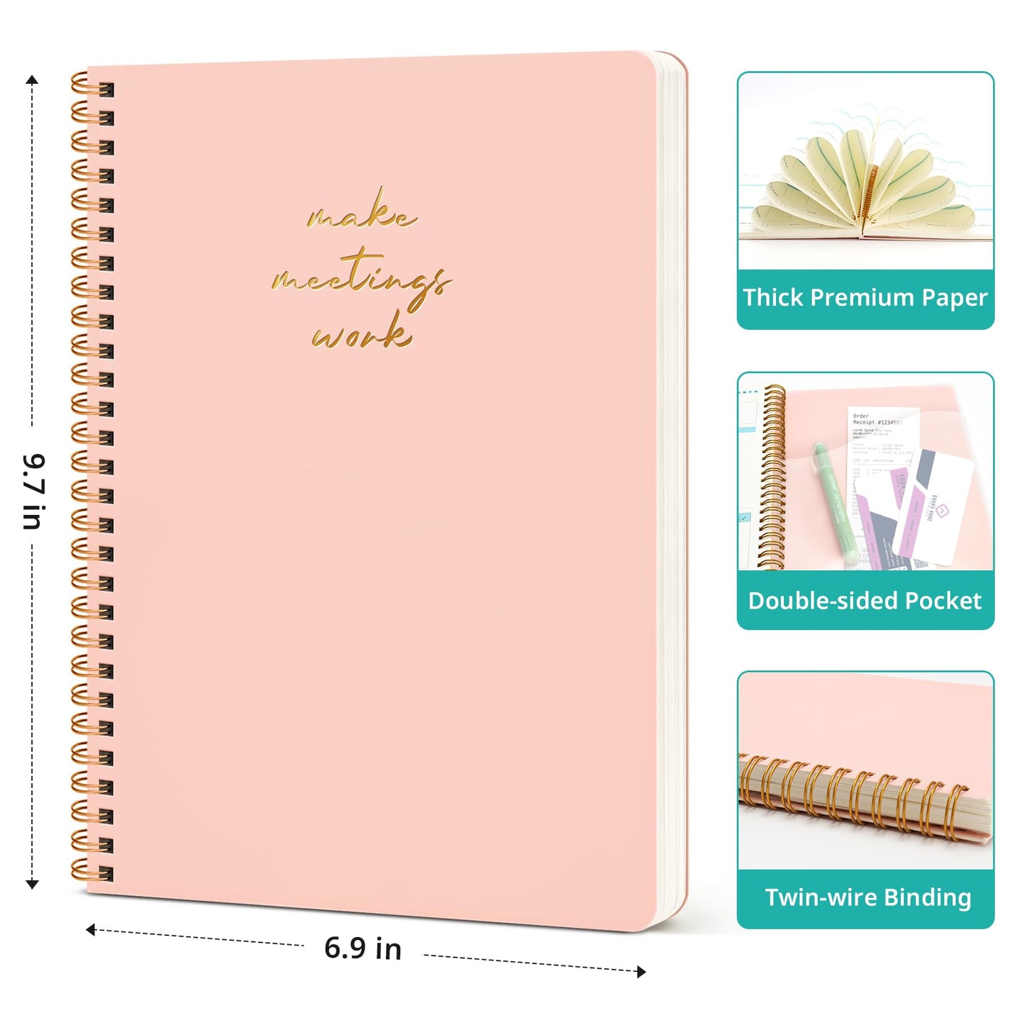 Taja Meeting Notebook for Work Organization - Work notebook with action items, Meeting Minutes Planner Notebook, Perfect Office Supplies for Men & Women - Green