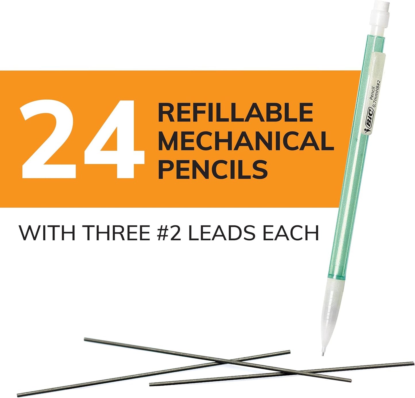 BIC Xtra-Sparkle Number 2 Mechanical Pencils With Erasers (MPLP241-BLK), Medium Point (0.7mm), 24-Count Pack, Cute Mechanical Pencils For Girls, Boys and Adults (Barrel Colors May Vary)