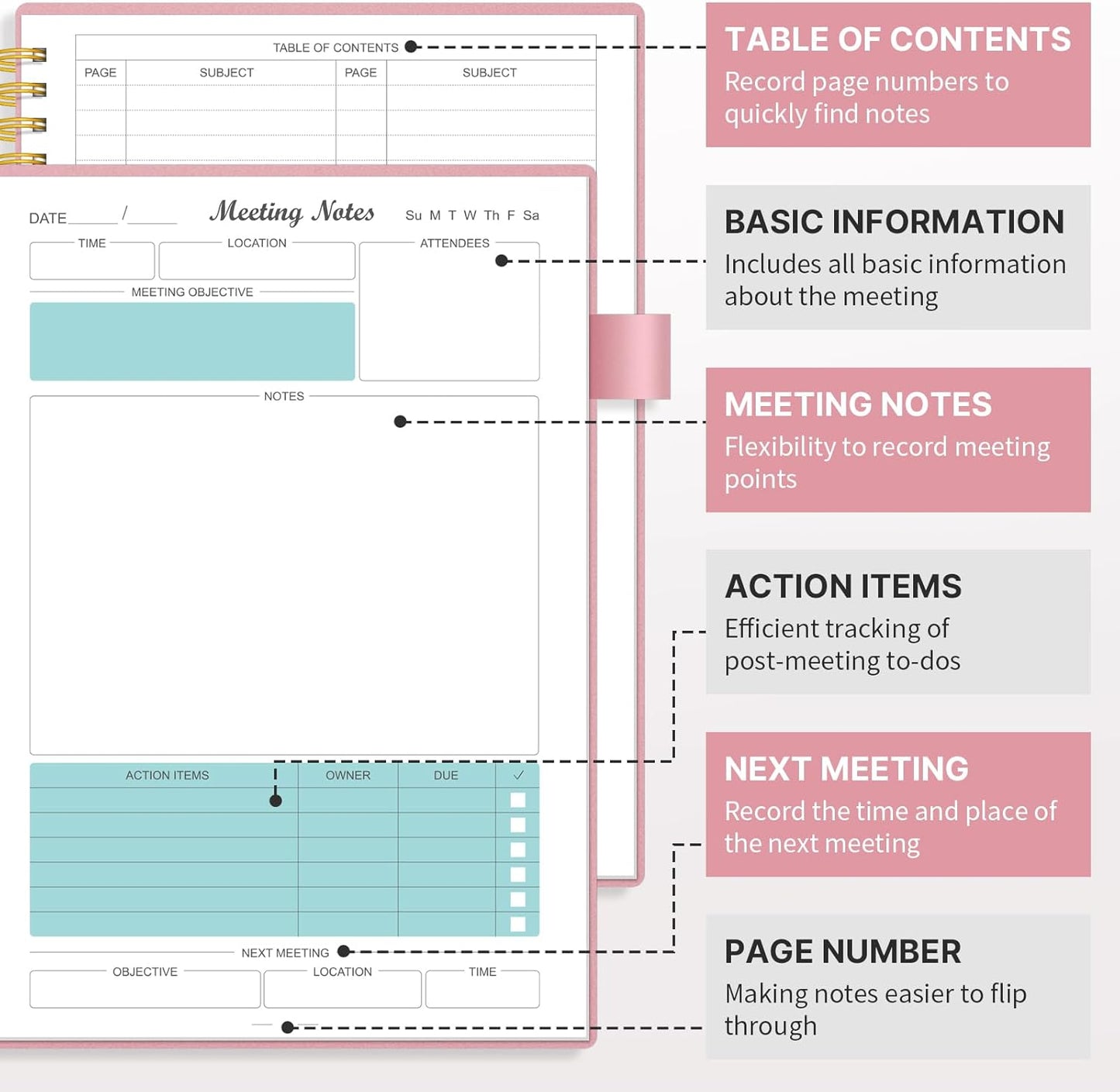 Meeting Notebook for Work Organization, Simplified Notebooks for Work with Action Items, Spiral Meeting Agenda Minutes Notebook Organizer,Aesthetic Office Supplies for Project Planner, Pink, 8.5"x5.5"